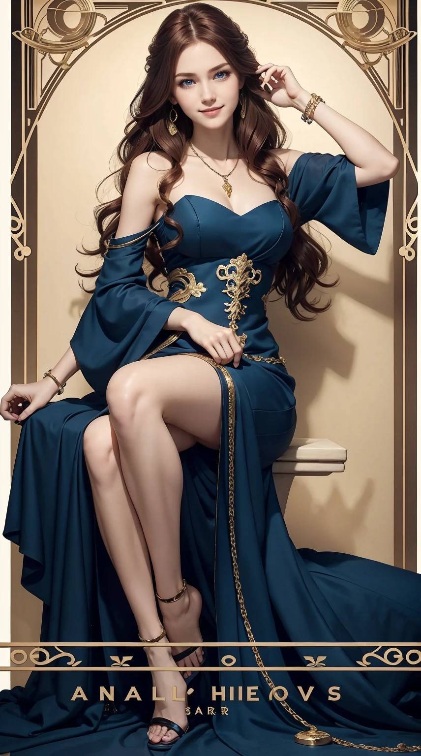 25-year-old Caucasian woman、hair color is reddish、blue eyess、Semi-long、setting hair、I'm tying my hair、My hair is wavy、Slender but thin macho、accessories on the wrist、wearing a chain necklace、Beautiful breasts、a smile、I need space above my head、She is wearing a transparent mini-length princess dress.、Wearing mules、a smile、art nouveau background