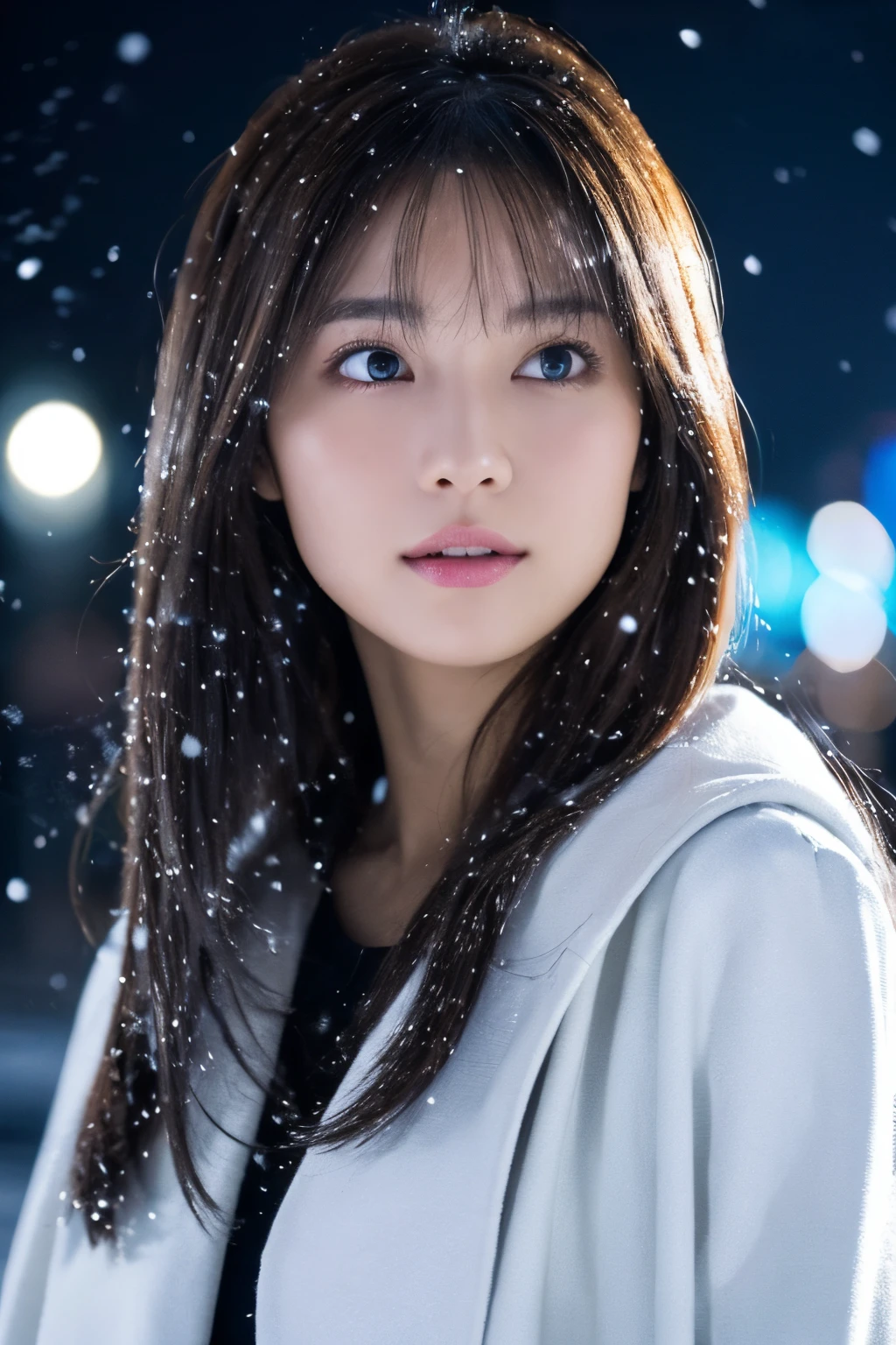 1girl in, (wear a platinum coat:1.2), (Raw photo, Best Quality), (Realistic, Photorealsitic:1.4), masutepiece, Extremely delicate and beautiful, Extremely detailed, 2k wallpaper, amazing, finely detail, the Extremely Detailed CG Unity 8K Wallpapers, Ultra-detailed, hight resolution, Soft light, Beautiful detailed girl, extremely detailed eye and face, beautiful detailed nose, Beautiful detailed eyes, Cinematic lighting, Illuminations coloring the city on a snowy night, Snowy landscape, It's snowing, Snow in the hair, Perfect Anatomy, Slender body, Taut, 
Straight semi-long hair, Bangs, Looking at Viewer, A slight smil