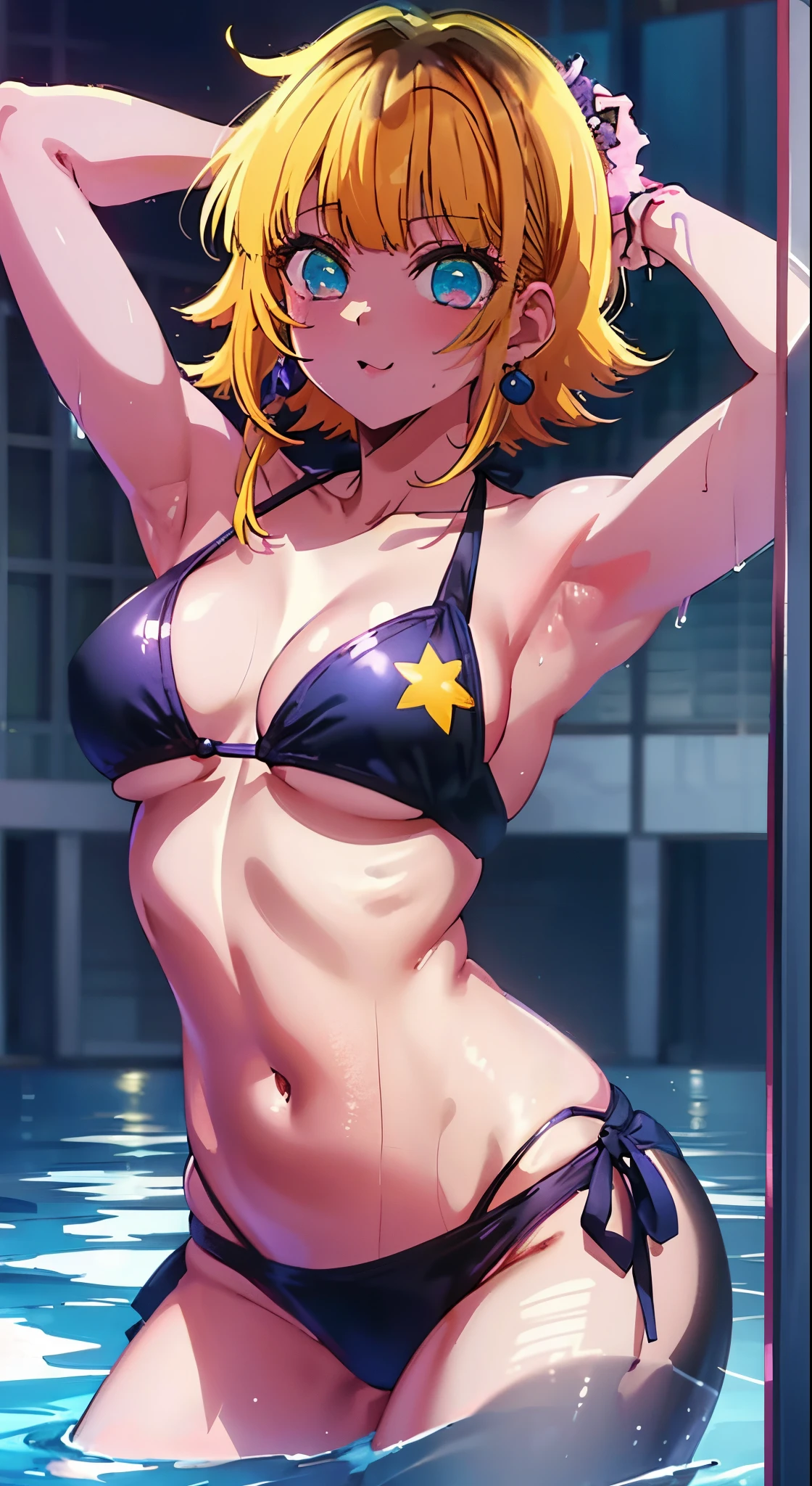2D, Best Quality, Anime, Very Detailed, One Girl, Solo, Swimwear, Bangs,Happy, Multicolored Hair, (Masterpiece:1.2), Hi-Res, Best Quality, 8K, Bathroom,Masterpiece, Best Quality, High Quality, High Resolution, Bikini, Bikini,Medium, Wet, Bath,Yellow Hair, Blue Eyes, Close Up,Cowboy Shot,