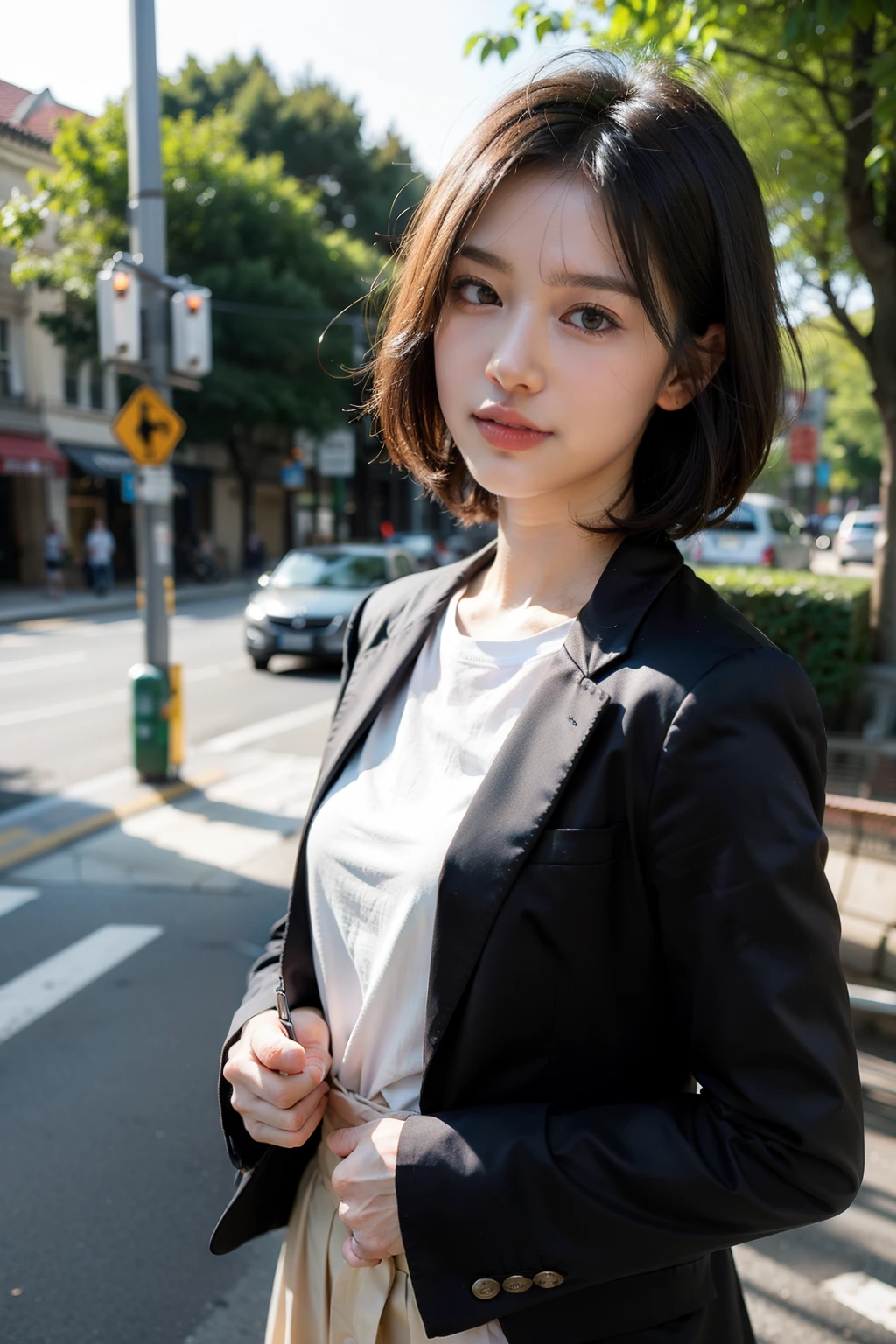 Natural soft light, brunette color hair, short detailed hair, No bangs, opens his eyes wide, ssmile, Keep your mouth shut, self-assured, affinity, chineseidol, male people, Around 45 years old, dark blazer jacket, Light cotton shirt, street road background, Neighborhoods, professional, Gentle eyes, People drawing, above waist, Flat viewing angle, ctextured skin, clean and uncluttered, trees blur background