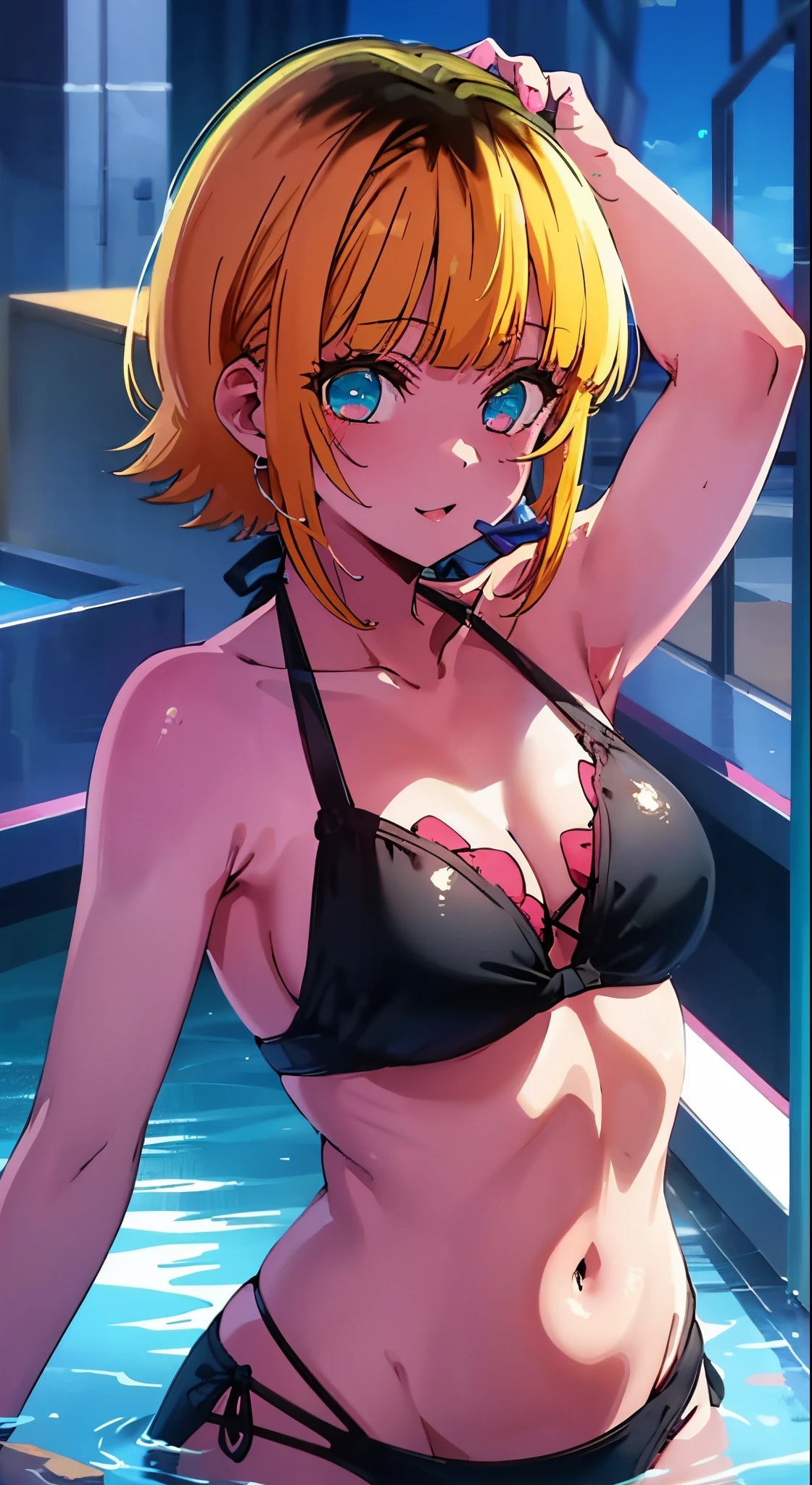 2D, Best Quality, Anime, Very Detailed, One Girl, Solo, Swimwear, Bangs,Happy, Multicolored Hair, (Masterpiece:1.2), Hi-Res, Best Quality, 8K, Bathroom,Masterpiece, Best Quality, High Quality, High Resolution, Bikini, Bikini,Medium, Wet, Bath,Yellow Hair, Blue Eyes, Close Up,Cowboy Shot,