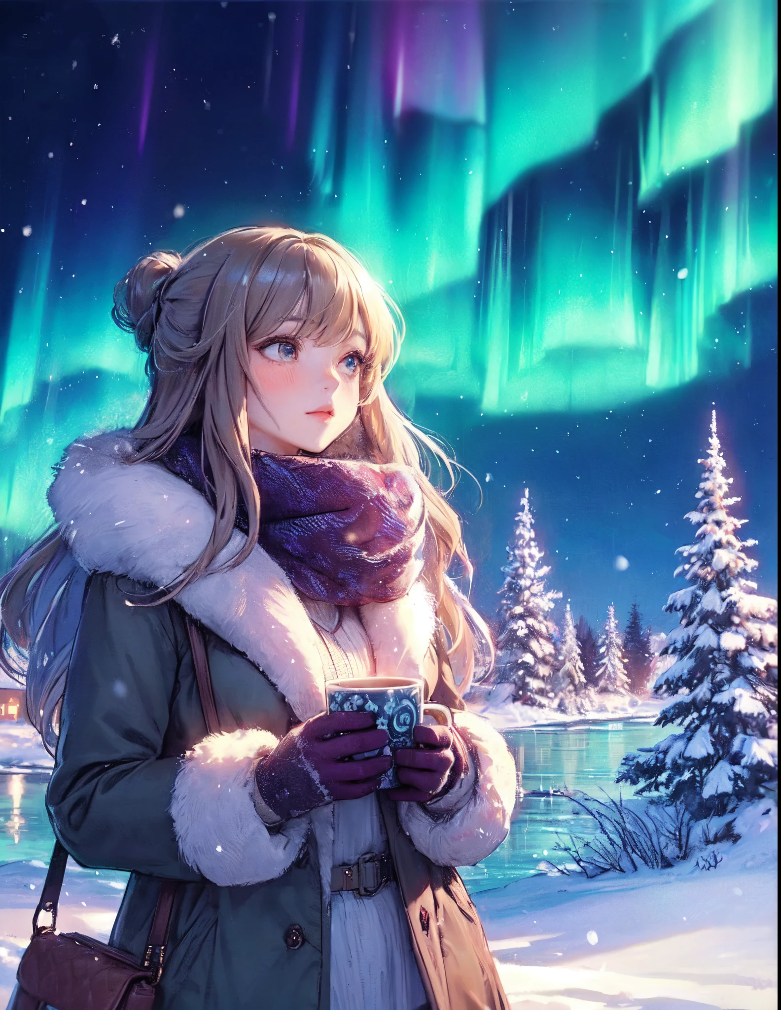 1lady standing, looking up at the sky, /(stylish outfit/), mature female, /(light brown hair/) bangs, blush (eyes sparkling with fascination), (masterpiece best quality:1.2) delicate illustration ultra-detailed, large breast BREAK (aurora spreading in various colors:1.2) night sky BREAK (secluded area covered in snow), (holding a mug)