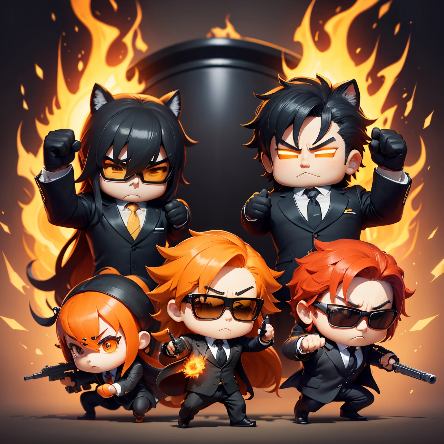 ​masterpiece、top-quality、ultra-detailliert、(One gang of chibi characters:1.2),Black sunglasses,Business suits,fighting poses,Orange and yellow flames shoot out from the hands.、Full-body standing figure、One chibi character man