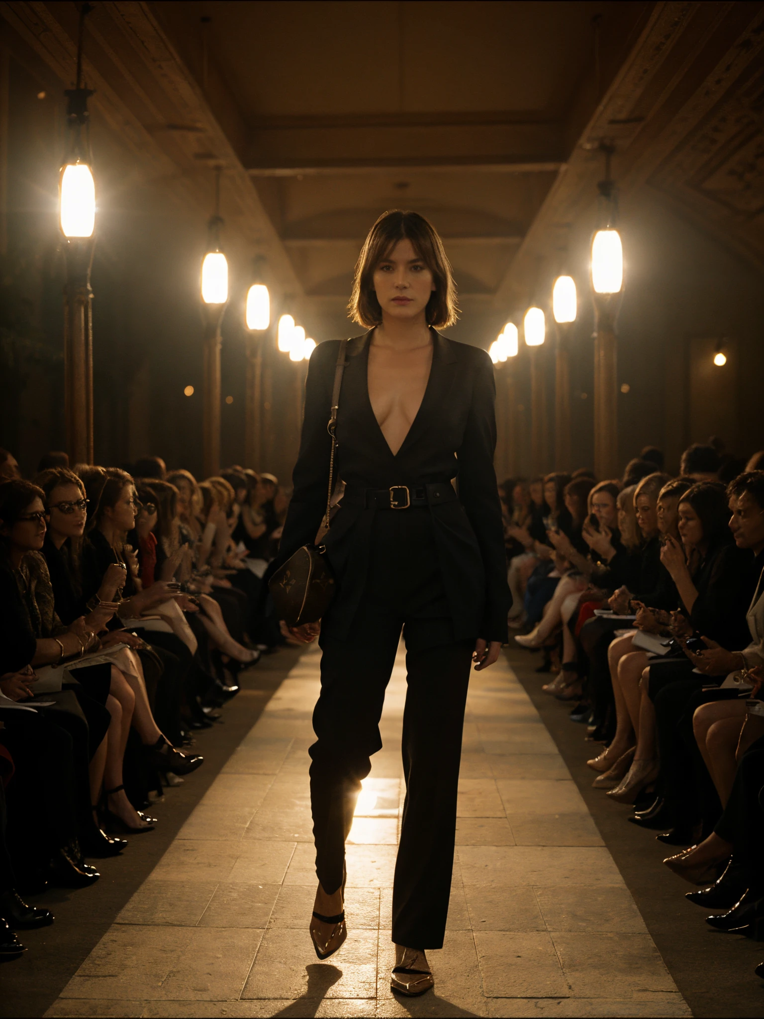 german, beautiful mature fashion model, angry, ((louis vuitton:1.2)), luxury wear, in fashion show runway, stage, anamorphic lens flare, photorealistic, cinematic lighting, dark atmosphere, volumetric lighting, action pose, epic scene, louis vuitton advertising, louis vuitton campaign