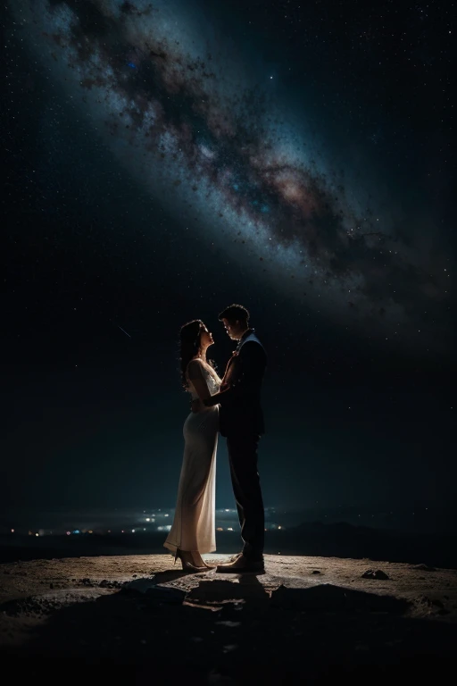A cosmic tableau unfolds against the backdrop of the universe, featuring striking black silhouettes of a man and a woman. Their shadows, one from the left and the other from the right, merge in a cosmic dance, creating a celestial spectacle. Below, on solid ground, a man and a woman stand, looking upward with wonder. They hold a captivating manuscript titled "Retro Script" that adds an aura of mystery to the scene. The deep, elegant hues enhance the celestial and grounded contrast, symbolizing the intertwining of cosmic forces and earthly tales.