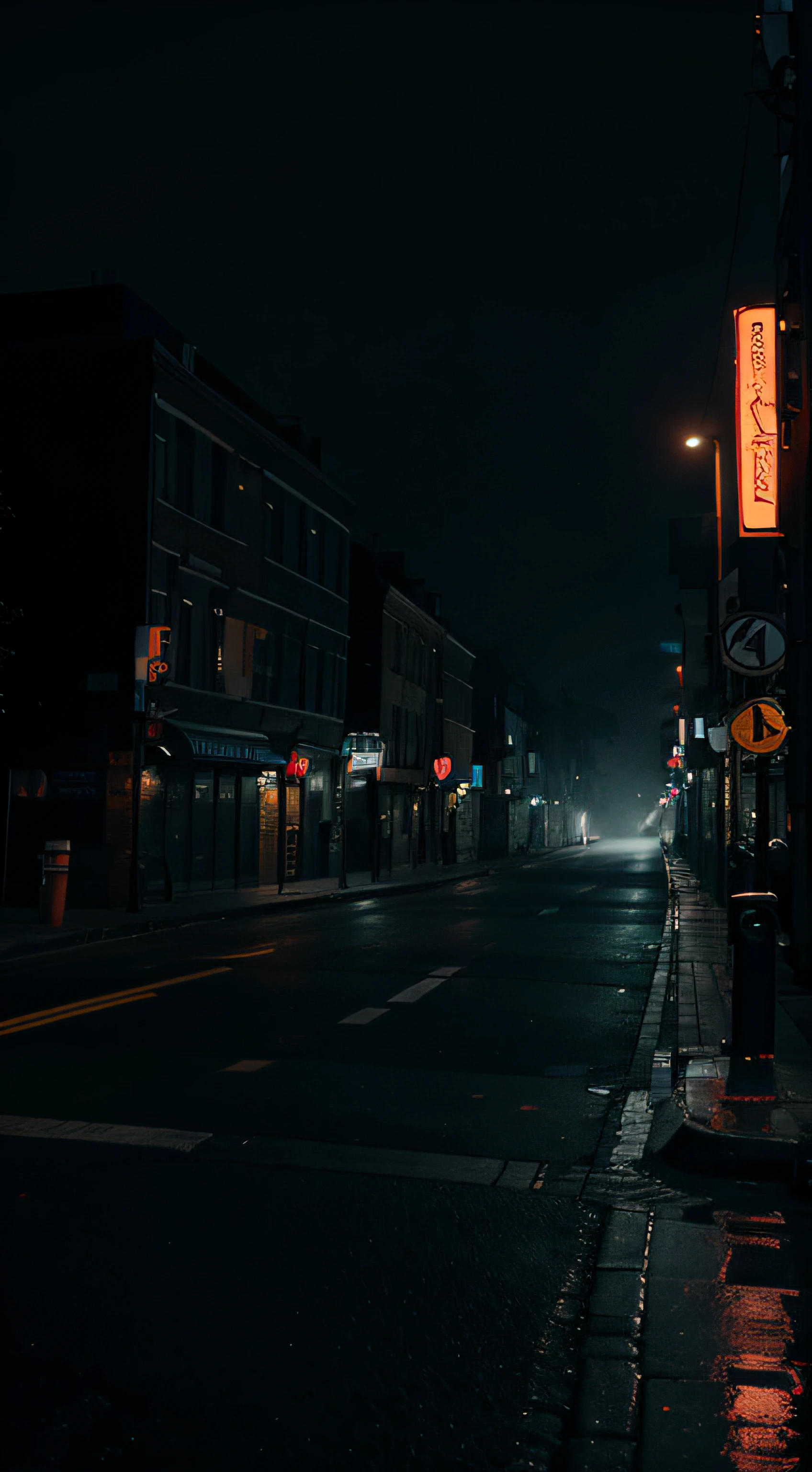 8k resolution, surreal, city background at night, in fog, thriller atmosphere, ground level frame with city streets, dark mood, no street light
