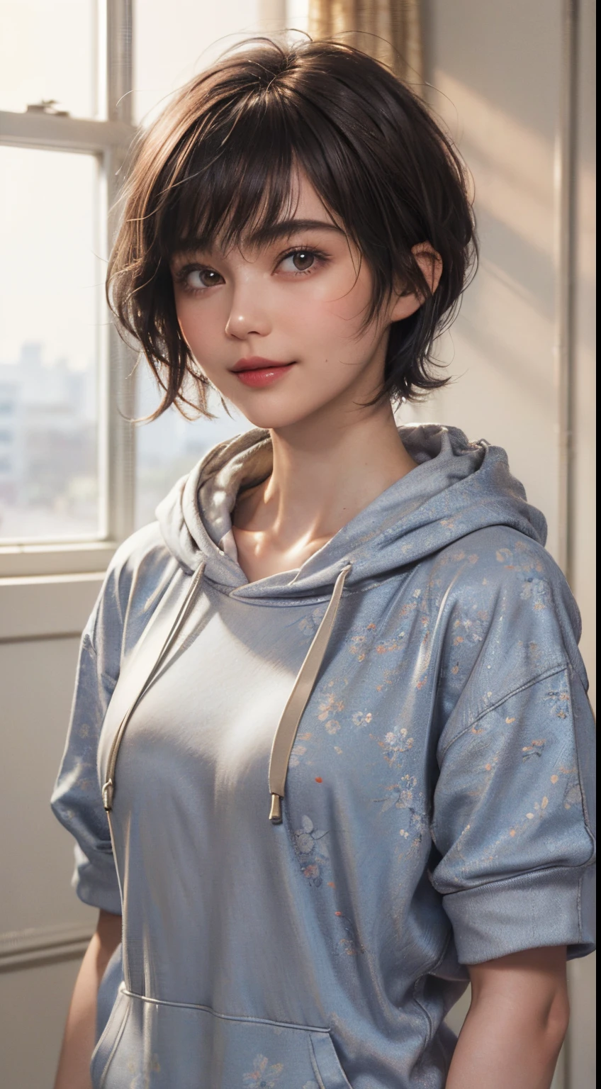 132
(a 20 yo woman,Wearing sportswear), (A hyper-realistic), (high-level image quality), ((beautiful hairstyle 46)), ((short-hair:1.46)), (Gentle smile), (breasted:1.46), (lipsticks), (Large room), (florals), (wearing hoodies)
