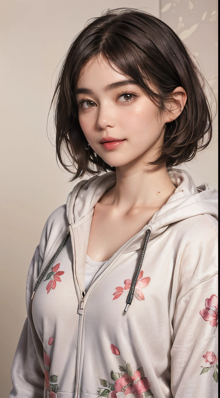 132
(a 20 yo woman,Wearing sportswear), (A hyper-realistic), (high-level image quality), ((beautiful hairstyle 46)), ((short-hair:1.46)), (Gentle smile), (breasted:1.46), (lipsticks), (Large room), (florals), (wearing hoodies)