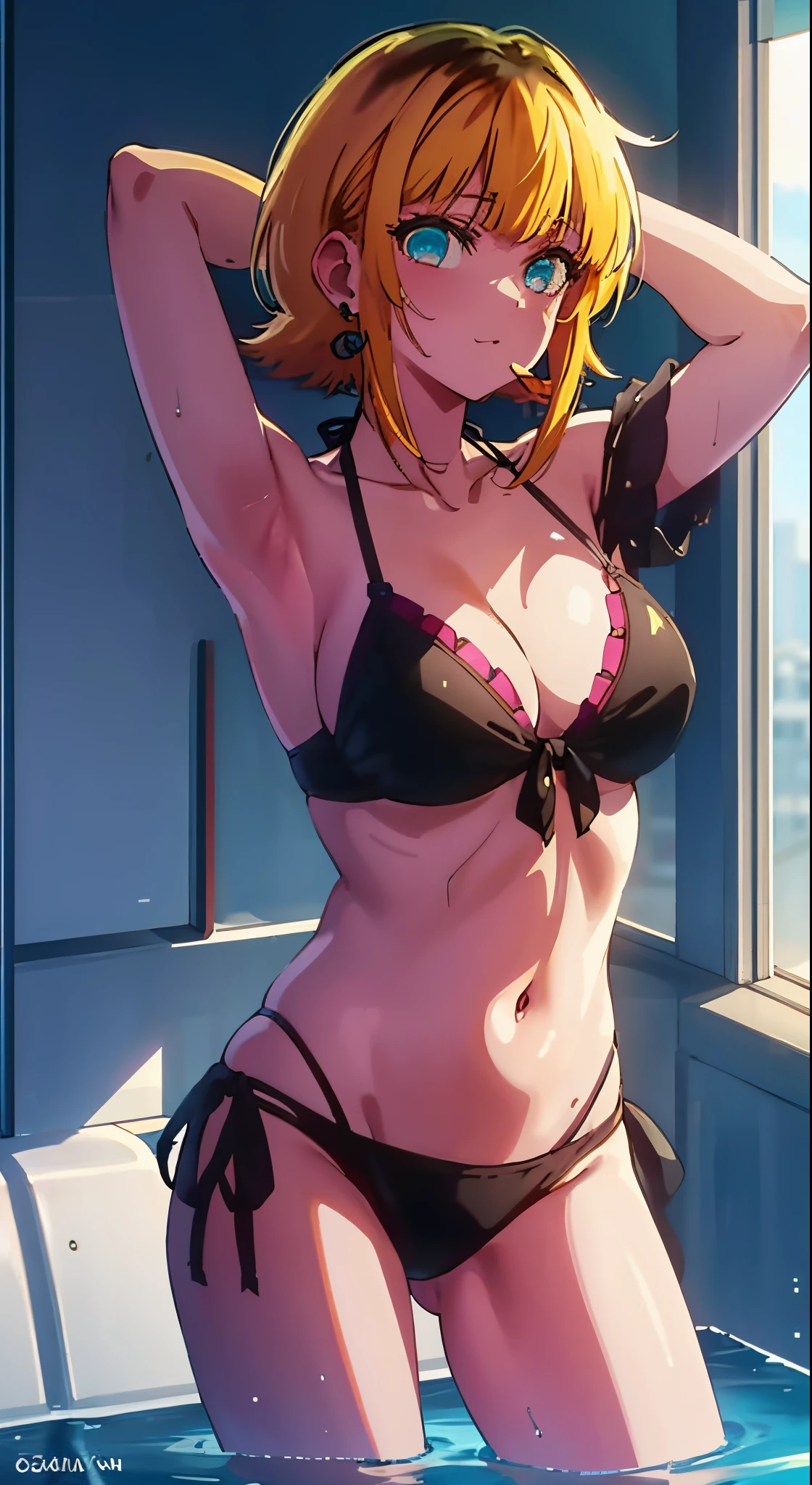 2D, Best Quality, Anime, Very Detailed, One Girl, Solo, Swimwear, Bangs,Happy, Multicolored Hair, (Masterpiece:1.2), Hi-Res, Best Quality, 8K, Bathroom,Masterpiece, Best Quality, High Quality, High Resolution, Bikini, Bikini,Medium, Wet, Bath,Yellow Hair, Blue Eyes, Close Up,Cowboy Shot,