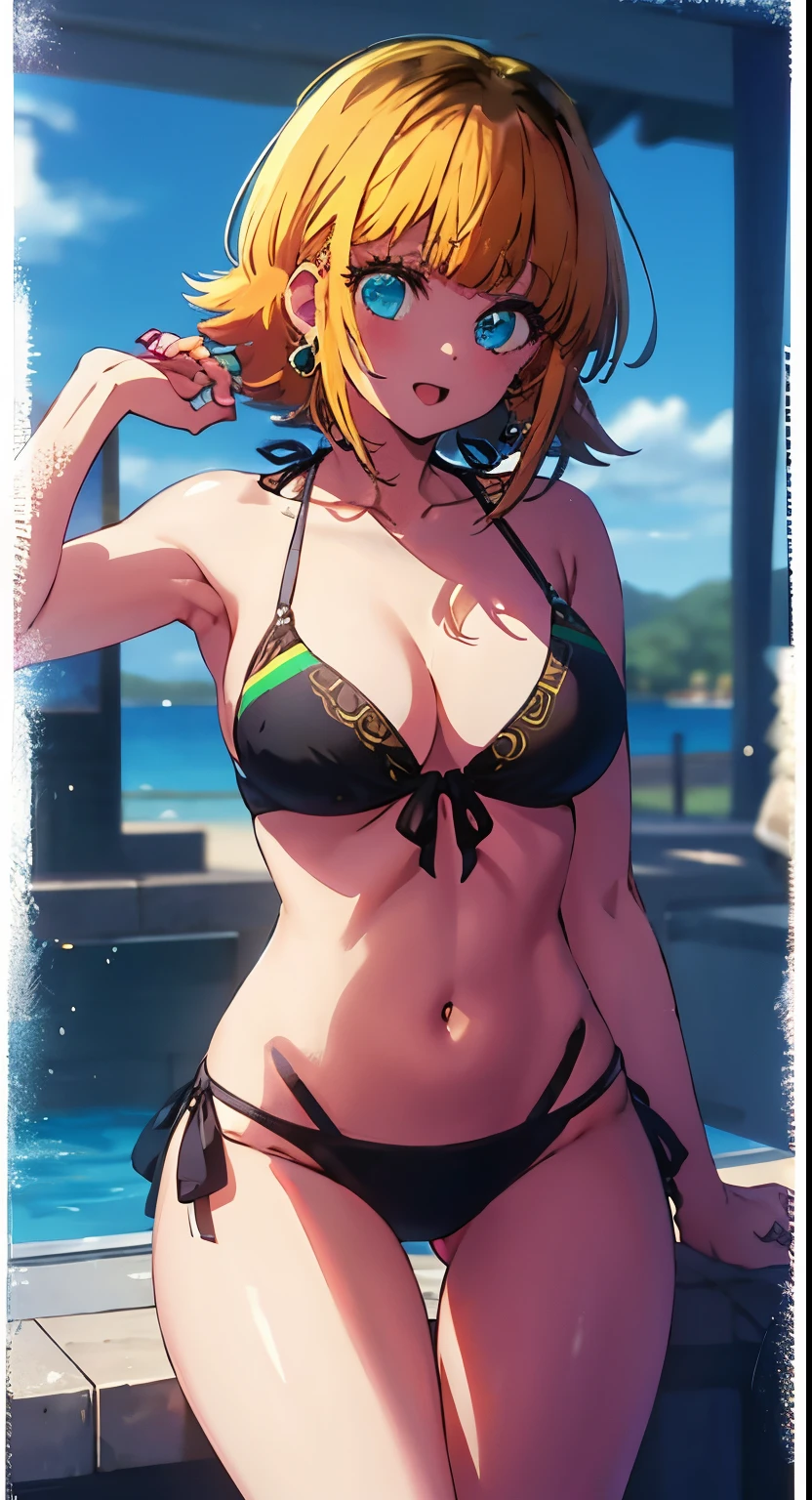 2D, Best Quality, Anime, Very Detailed, One Girl, Solo, Swimwear, Bangs,Happy, Multicolored Hair, (Masterpiece:1.2), Hi-Res, Best Quality, 8K, Bathroom,Masterpiece, Best Quality, High Quality, High Resolution, Bikini, Bikini,Medium, Wet, Bath,Yellow Hair, Blue Eyes, Close Up,Cowboy Shot,