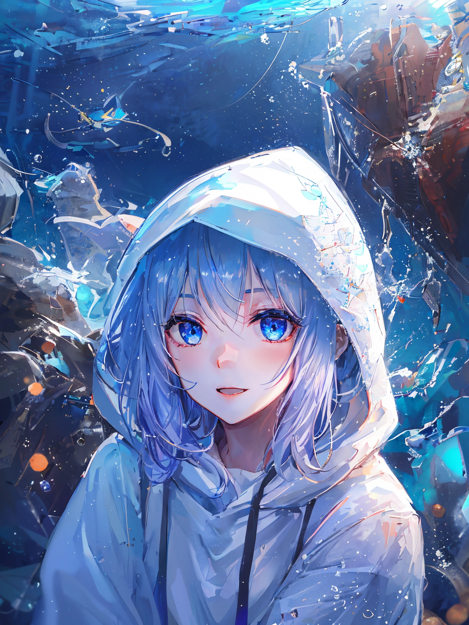 ((top-quality)), ((​masterpiece)), ((ultra-detailliert)), (Extremely delicate and beautiful), girl with, 独奏, cold attitude,((White hoodie)),She is very(relax)with  the(Settled down)Looks,depth of fields,Evil smile,Bubble, under the water, Air bubble,Underwater world bright light blue eyes,inner color with bright gray hair and light blue tips,,,,,,,,,,,,,,,,,,,,,,,Cold background,Bob Hair - Linear Art, shortpants、knee high socks、White uniform like school uniform、Light blue ribbon ties、Clothes are sheer、The hand in my right pocket is like a sapphire,Fronllesse Blue, A small blue light was floating、fantastic eyes、selfy,Self-shot、Bangs fall on the eyes, give a sexy impression.