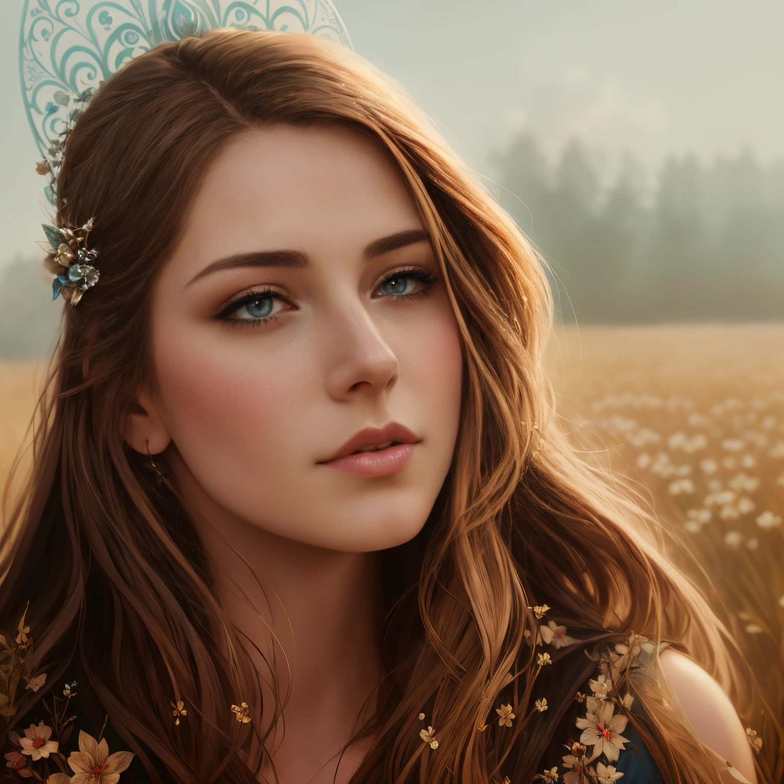 picture of a woman with long hair and blue eyes in a field, beautiful fantasy art portrait, fantasy art portrait, fantasy portrait art, beautiful fantasy portrait, fantasy portrait, gorgeous digital painting, Detailed matte fantasy portrait, beautiful digital painting, beautiful digital illustration, Fantasy genre portrait, in the art style of bowater, karol bak uhd, beautiful digital artwork