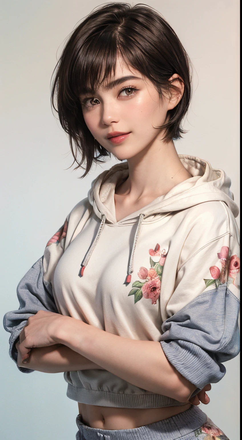 132
(a 20 yo woman,Wearing sportswear), (A hyper-realistic), (high-level image quality), ((beautiful hairstyle 46)), ((short-hair:1.46)), (Gentle smile), (breasted:1.46), (lipsticks), (Large room), (florals), (wearing hoodies)