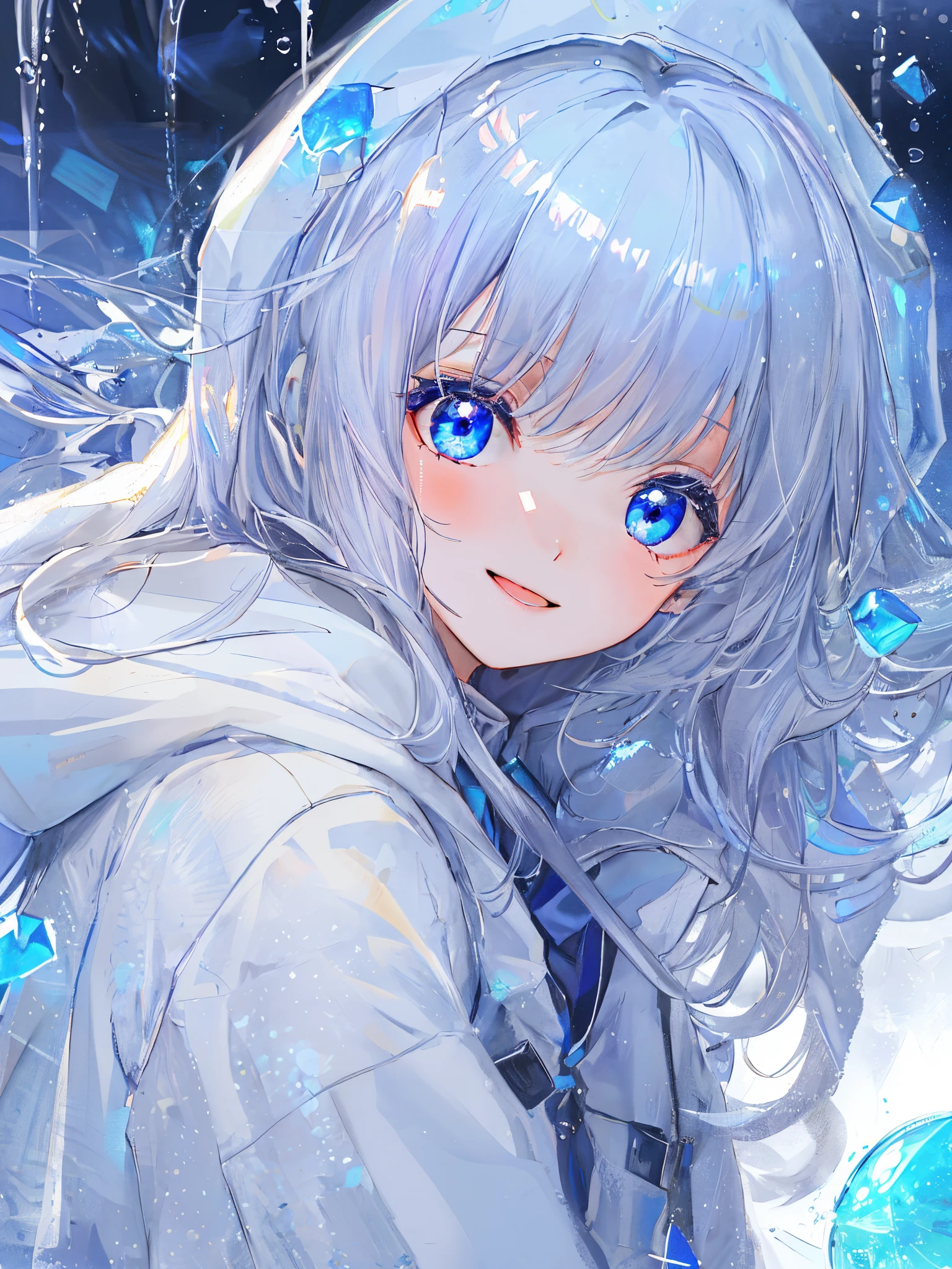 ((top-quality)), ((​masterpiece)), ((ultra-detailliert)), (Extremely delicate and beautiful), girl with, report, cold attitude,((White hoodie)),She is very(relax)with  the(Settled down)Looks,depth of fields,Evil smile,Bubble, under the water, Air bubble,Underwater world bright light blue eyes,inner color with bright gray hair and light blue tips,,,,,,,,,,,,,,,,,,,,,,,,Cold background,Bob Hair - Linear Art, shortpants、knee high socks、White uniform like school uniform、Light blue ribbon ties、Clothes are sheer、The hand in my right pocket is like a sapphire,Fronllesse Blue, A small blue light was floating、fantastic eyes、selfy,Self-shot、Bangs fall on the eyes, give a sexy impression.