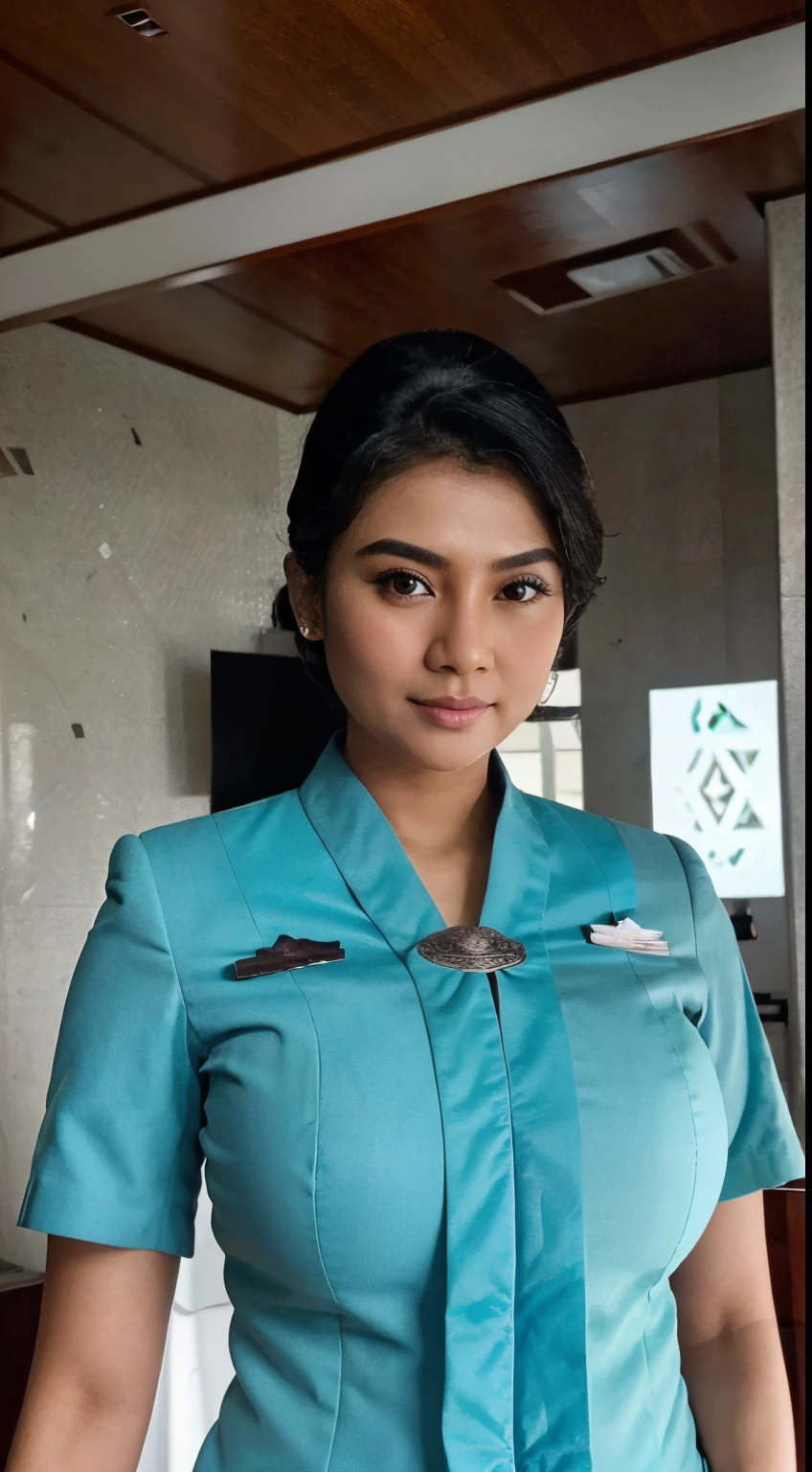 Indoor airlanes,black hair, indonesian,gigantic breasts,huge breasts,wearing garudaindonesia uniform,white skin,large breastasterpiece),