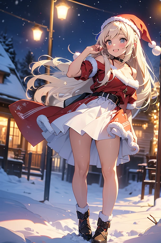 (masterpiece), (best quality), girl standing outside in the snow, christmas outfit, santa claus outfit, sexy, perfect body, christmas lights, night