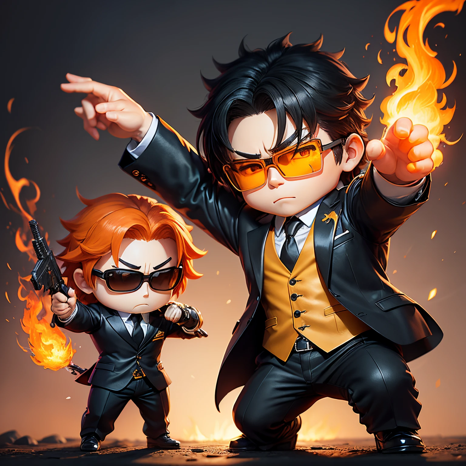 ​masterpiece、top-quality、ultra-detailliert、(chibi character chivalry:1.2),Black sunglasses,Business suits,fighting poses,Orange and yellow flames shoot out from his hands..、Full-body standing figure、1 male chibi character