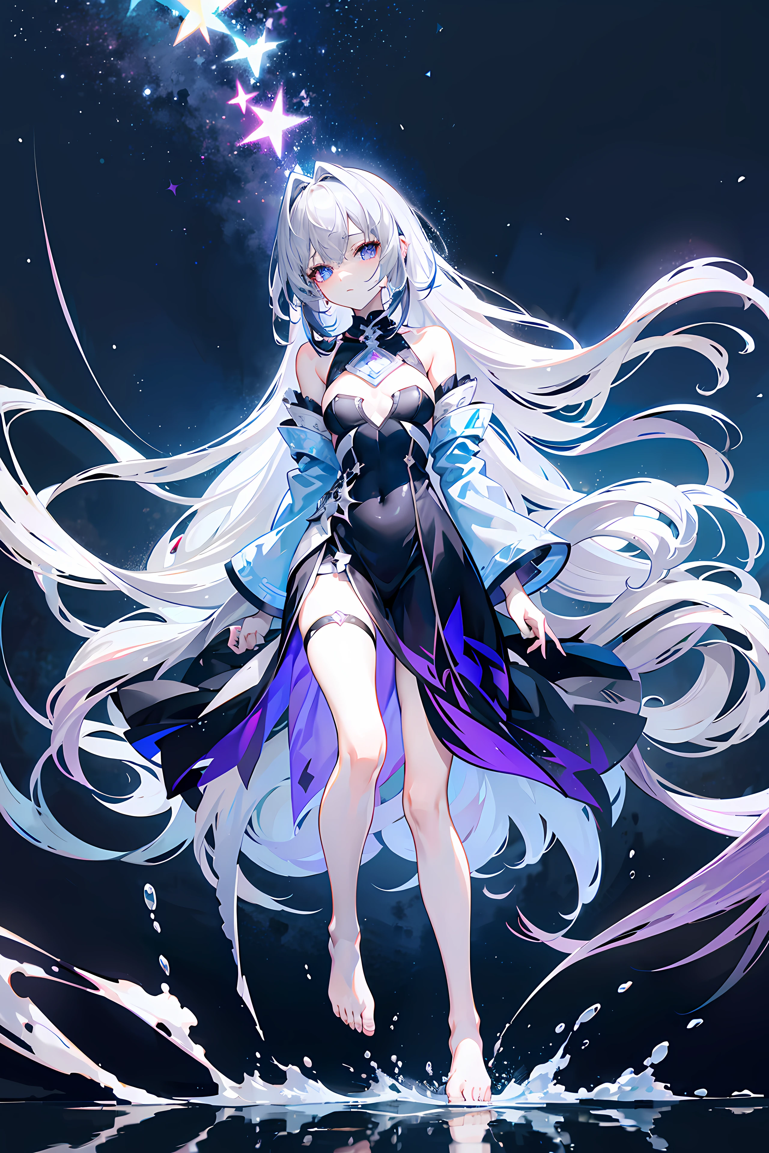 Lilac gradient hair,Asymmetrical hair,((Hair is very thick 1.8,chiseled head 1.6)), Hair over the shoulder, messy hair, Very long hair, shinny hair,(Long gray hair:1.2),A beautyful girl,(Luxury Platinum Mini Ultra Short Platinum ta,Made of transparent material),(Transparent clothes transparent 1.8),perfect body figure,long, lean legs,slenderness,(looking sad,Haggard complexion ,grieves,shut up:1.2) Against the backdrop of an unusually bright dark starry sky,(Place your hands behind your back),(Round,Oversized, strong chest),Barefoot,afloat,waterface,(long leges,long leges,Long legend and old legal body photos。