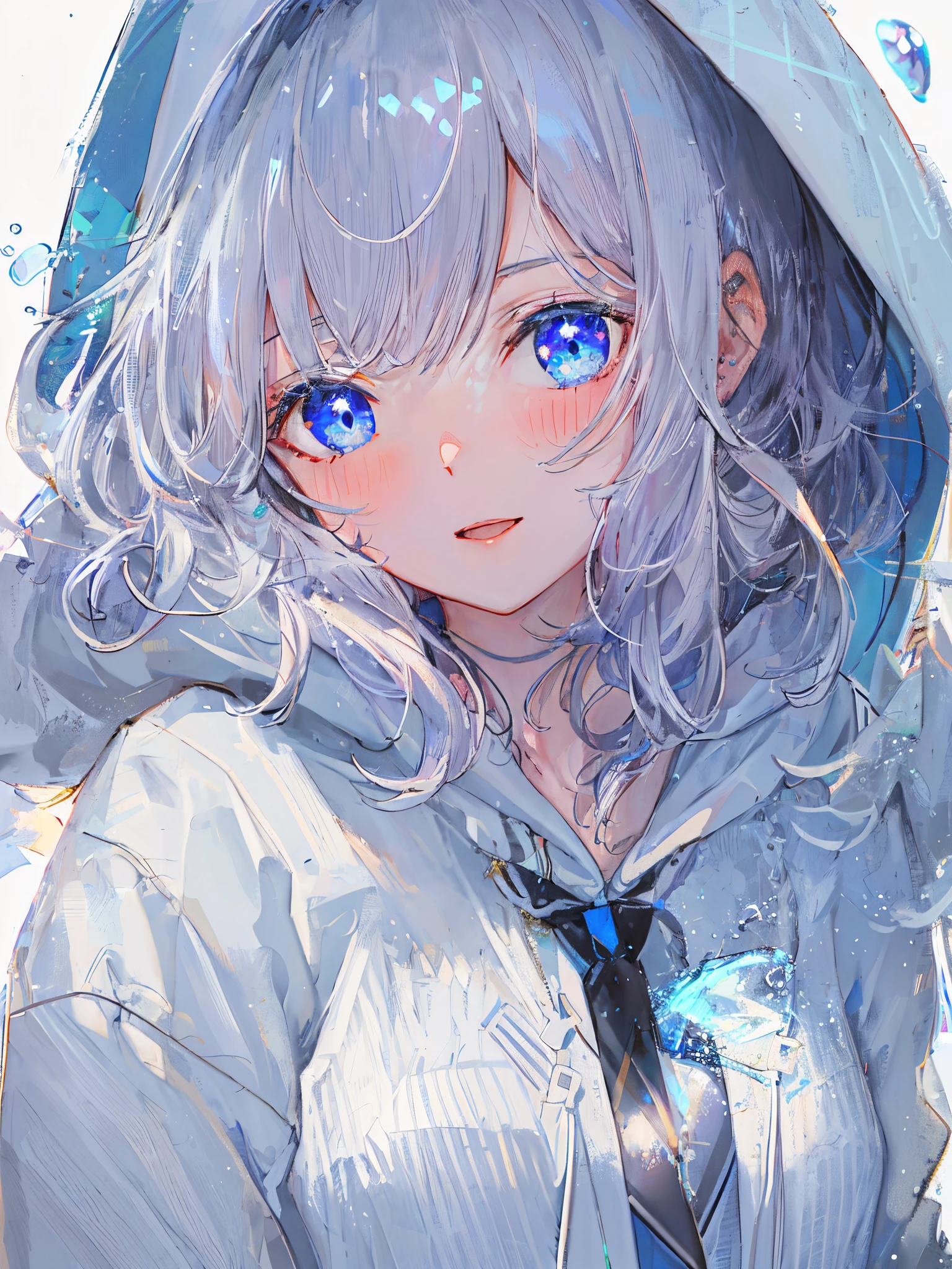 ((top-quality)), ((​masterpiece)), ((ultra-detailliert)), (Extremely delicate and beautiful), girl with, 独奏, cold attitude,((White hoodie)),She is very(relax)with  the(Settled down)Looks,depth of fields,Evil smile,Bubble, under the water, Air bubble,Underwater world bright light blue eyes,inner color with bright gray hair and light blue tips,,,,,,,,,,,,,,,,,,,,,,Cold background,Bob Hair - Linear Art, shortpants、knee high socks、White uniform like school uniform、Light blue ribbon ties、Clothes are sheer、The hand in my right pocket is like a sapphire,Fronllesse Blue, A small blue light was floating、fantastic eyes、selfy,Self-shot