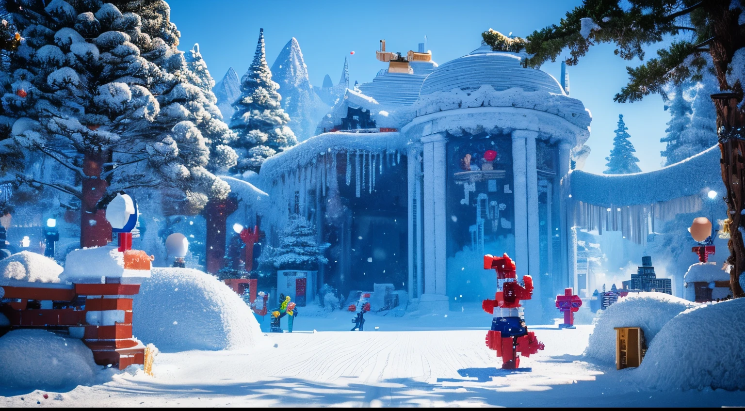 pixel game，scenography，Fantastic scene of  and snow world，Red Mooty wonderland，Suspended islandotic beasts， pixelart #pixelart