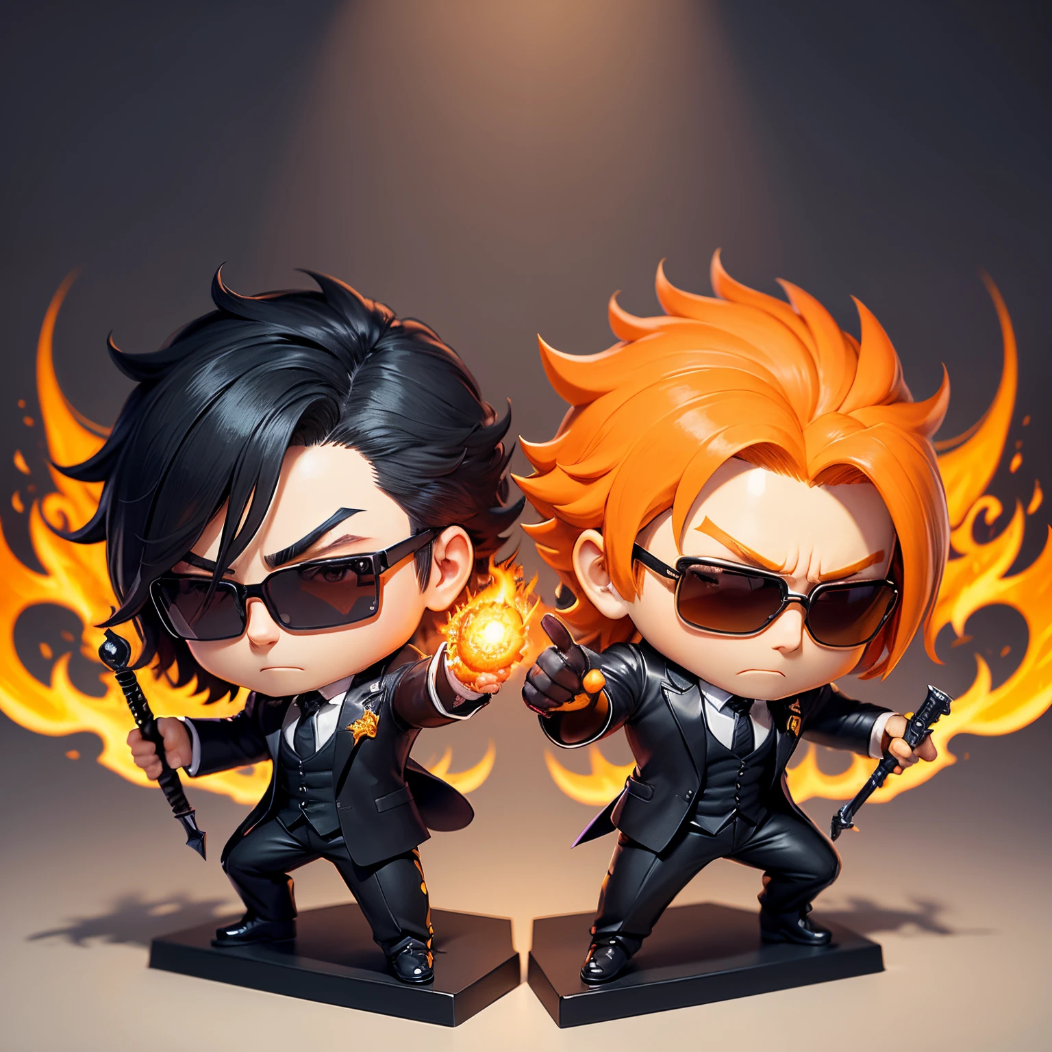 ​masterpiece、top-quality、ultra-detailliert、(chibi character chivalry:1.2),Black sunglasses,Business suits,fighting poses,Magic where orange and yellow flames erupt from the hands...、Full-body standing figure、1 male chibi character