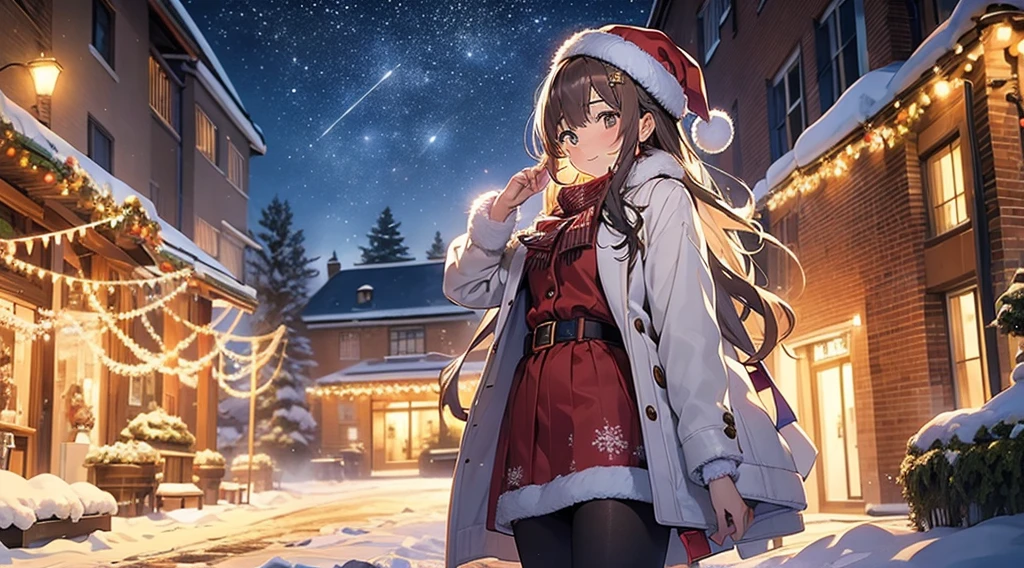 (masterpiece), (best quality), girl standing outside in the snow, wavy brown hair, christmas outfit, santa claus outfit, sexy, perfect body, christmas lights, night