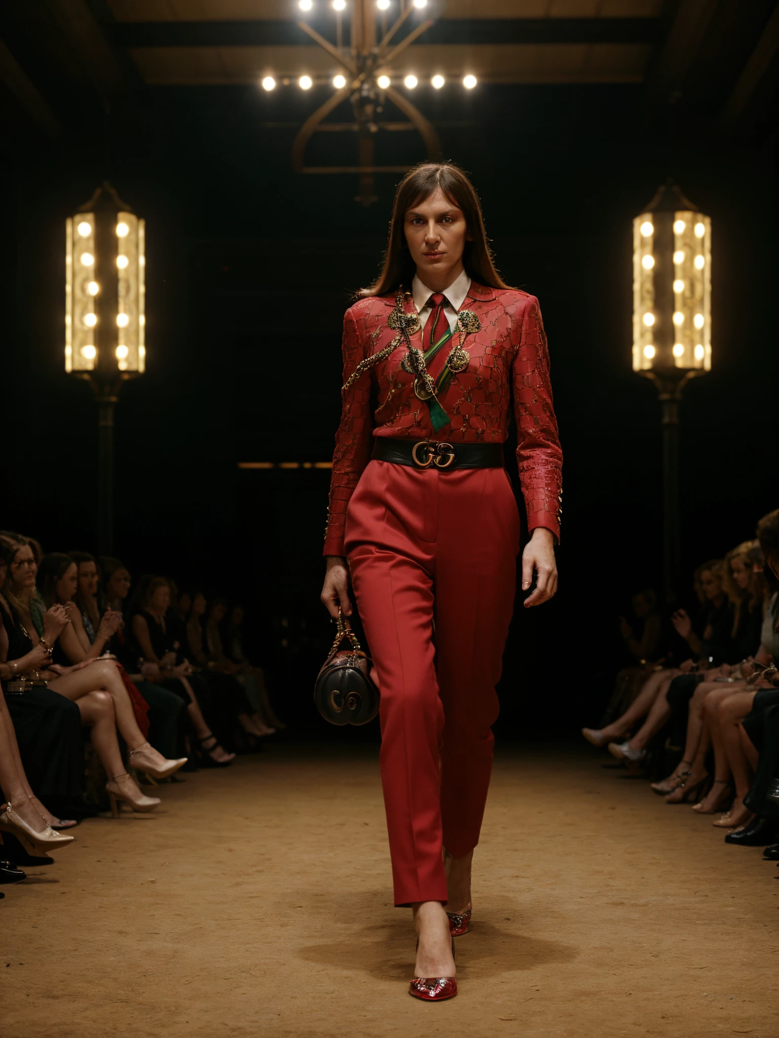 german, beautiful mature fashion model, angry, ((gucci:1.2)), luxury wear, s/s season, in fashion show runway, stage, anamorphic lens flare, photorealistic, cinematic lighting, dark atmosphere, volumetric lighting, action pose, epic scene, gucci advertising, gucci campaign