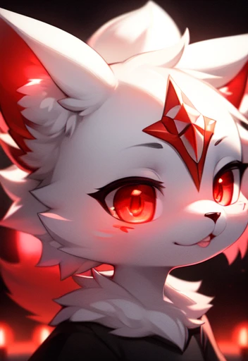 furry, white fur, ultra cute face, red elements on fur, glowing t-shrt, beautiful lights and shadows, ambient light, ultra detailed fur, volumetric light