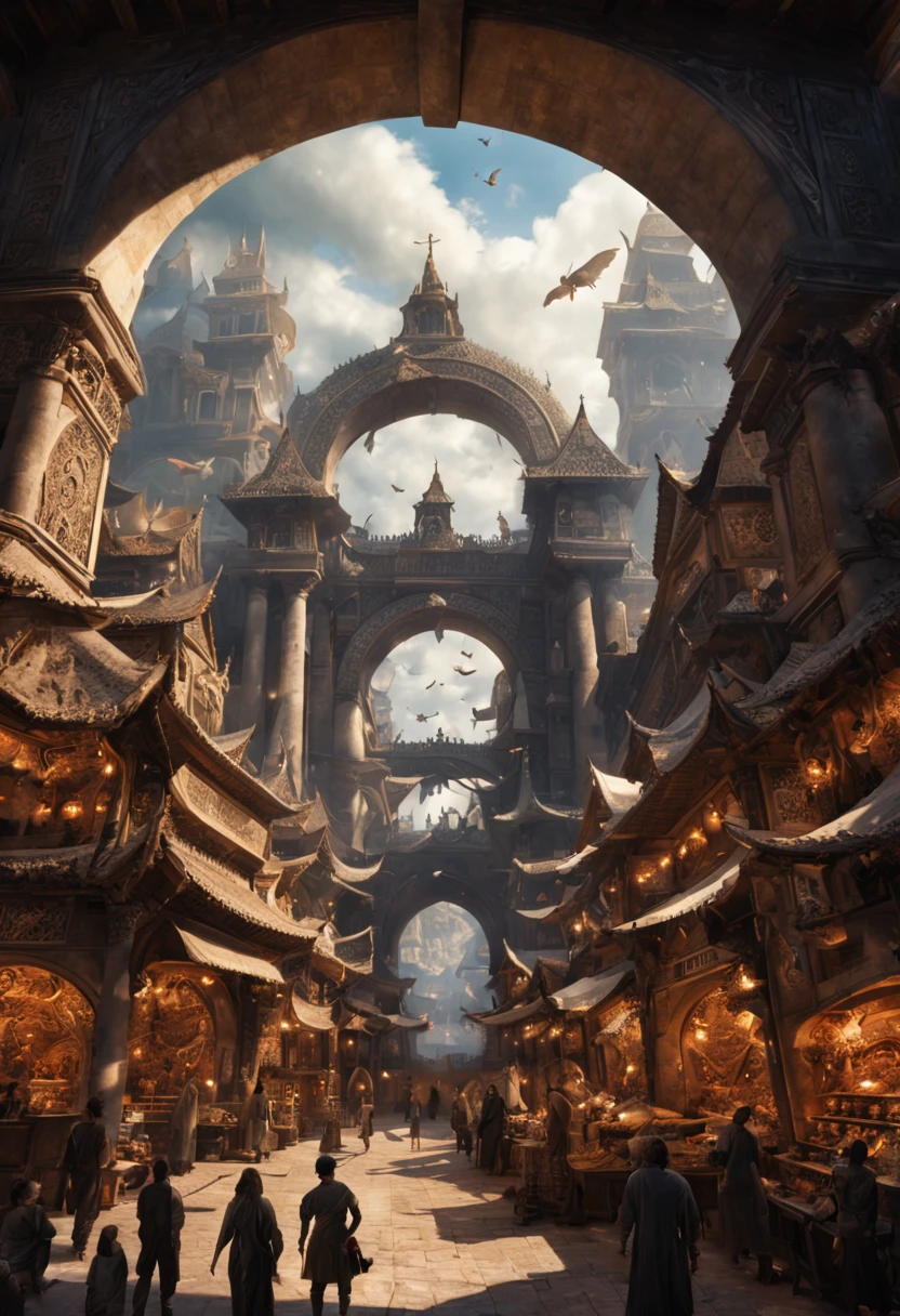 Best quality, masterpiece, intricate details, Massive Arch way framing a mass of Swirling magic, a Marketplace hustles and bustles with activity beneath the massive Archway, The archway is carved into with runes and markings, overhead view, Busy, Dark Fantasy.