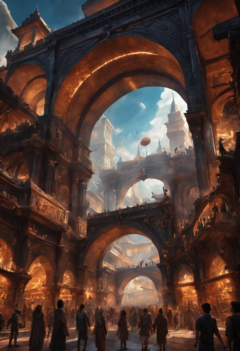 Best quality, masterpiece, intricate details, Massive Arch way framing a mass of Swirling magic, a Marketplace hustles and bustles with activity beneath the massive Archway, The archway is carved into with runes and markings, overhead view, Busy, Dark Fantasy.