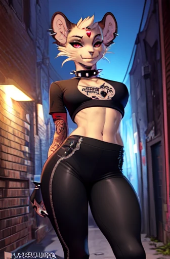 uploaded on e621, explicit content, 3d, (bastika, cutesexyrobutts, hioshiru), female, solo, persian, dark alleyway setting, dimly lit, worn brick, graffiti, transformer box, piping, (yoga pants, punk t-shirt, spiked collar, eye shadow, black nails, tattoo), three-quarter portrait, closeup, forehead gem