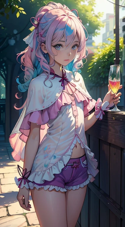 [Detailed illustrations,Art based on extremely ideal anatomy,Very detailed and detailed drawing,Delicate lines with slow and rapid,Realistic texture expression],((Color tressed main line)),(Artwork of exceptional craftsmanship),(park background),[ anime Girl Japanese Pretty 14歳 Skinny] Light pink hair ((magical little girl)),Low-rise shorts (Short cape (off shoulders:0.5)) ((Lace Ruffled Ribbon)) (Laced boots:0.4),((Silk Fabric:0.4)),Transparency (Soft ambient light:0.6) (​masterpiece、top-quality、top-quality、watercolor paiting(Curly)、Official Art、Beautifully Aesthetic:1.2)、(1girl in:1.3)、(Fractal art:1.3)、The upper part of the body、look up to、patterns、(rainbow-colored hair、colourful hair、Half blue and half pink hair:1.2)、Eau、liquids、云、colourfull、kosmoine and beautiful skin expression (Transparency))),((Clear gaze)),((Perfect eye details (Eyes beautifully drawn down to the smallest detail))),(Beautiful perfect face (Realistic face detailore about beautiful hair)),((Perfectly proportioned)),(Design built to the highest level,((Advanced structural understanding of materials)),Ideal color coordination),((artistic décor)) ((High-density detail)),((detaileds,high-detail)),[(Ultra-precision detail),((multi-layer texture)),HighQuality,hight resolution],((Accurate simulation of light-material interactions,Understanding Airflow,Mechanically correct representation)),((Visual art that conveys a sense of narrative)).