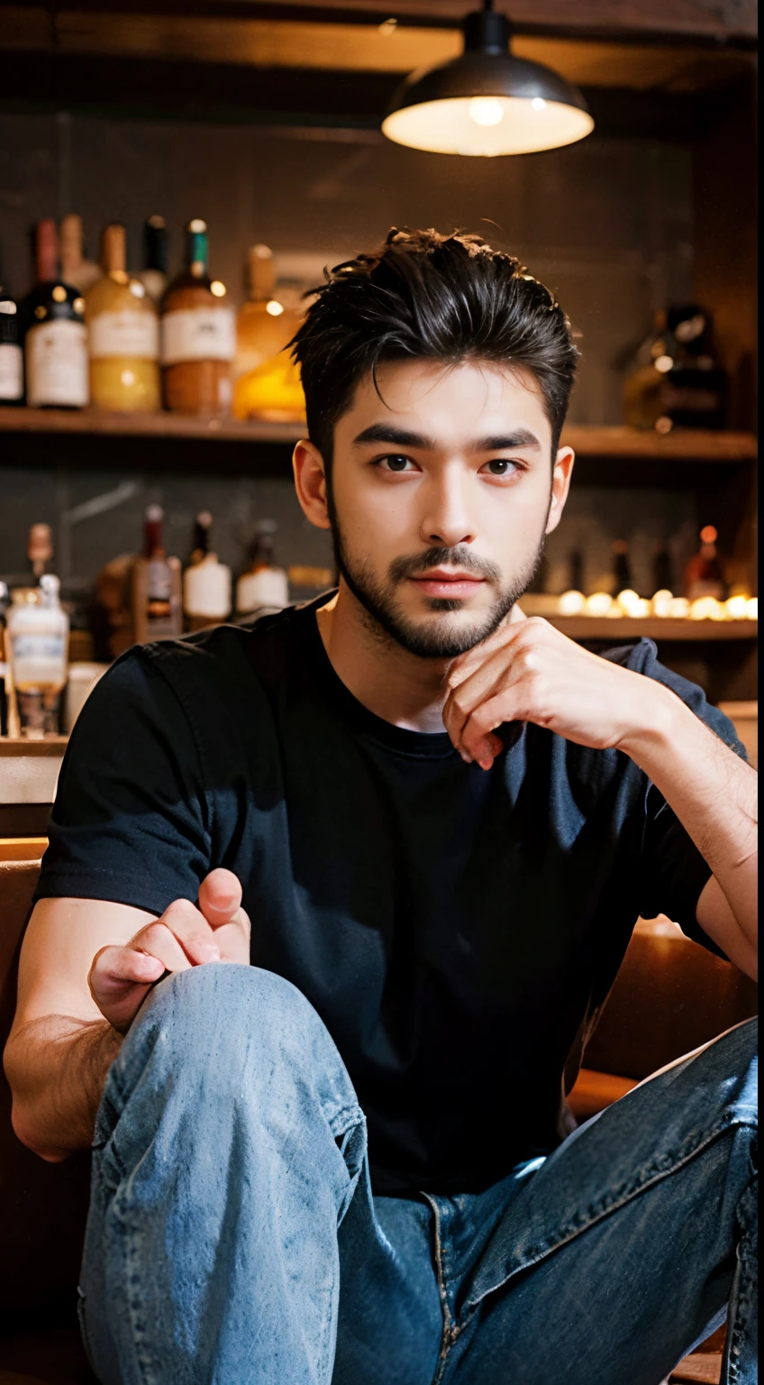Create an image of a man in jeans and a black t-shirt with muscles visible on the t-shirt with a face with a small beard in a bar