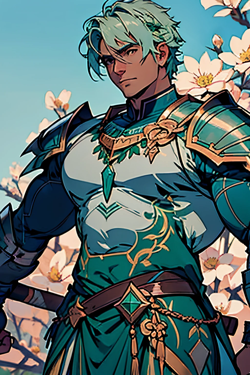 Um jovem muito forte e muito musculoso, he is a paladin who has a large ax on his back. This ax is decorated with emerald flowers on the handle.. Este jovem tem um corte de cabelo curto, cabelos brancos. Sua armadura brilha em tons de cinza e verde. He is a paladin who walks through the flowers in search of the wonders of the capital.