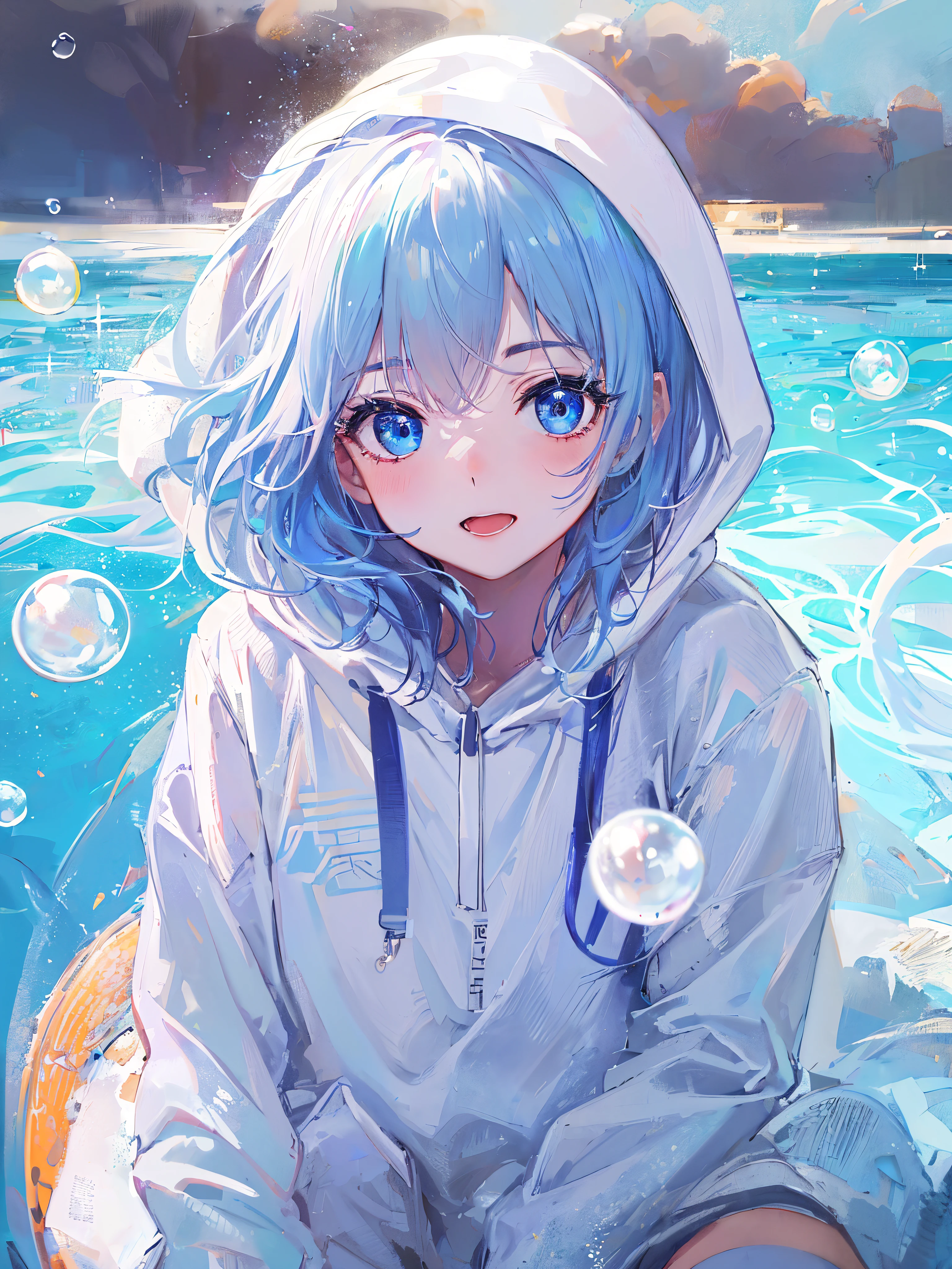 ((top-quality)), ((masterpiece)), ((ultra-detailliert)), (Extremely delicate and beautiful), girl with, 独奏, cold attitude,((White hoodie)),She is very(relax)with the(Settled down)Looks,depth of fields,Evil smile,Bubble, under the water, Air bubble,Underwater world bright light blue eyes,inner color with bright gray hair and light blue tips,,,,,,,,,,,,,,,,,,,,,,,Cold background,Bob Hair - Linear Art, shortpants、knee high socks、White uniform like school uniform、Light blue ribbon ties、Clothes are sheer、The hand in my right pocket is like a sapphire,Fronllesse Blue, A small blue light was floating、fantastic eyes、selfy,Self-shot