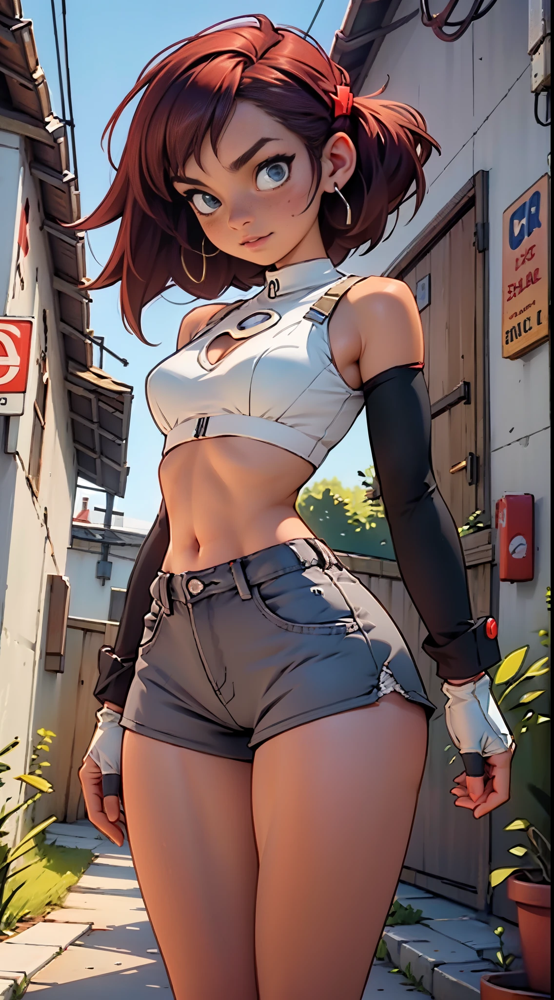 Woman body defined thick thighs cybernetic body parts, wearing only bra, tight shorts, open pose, very detailed, round chest