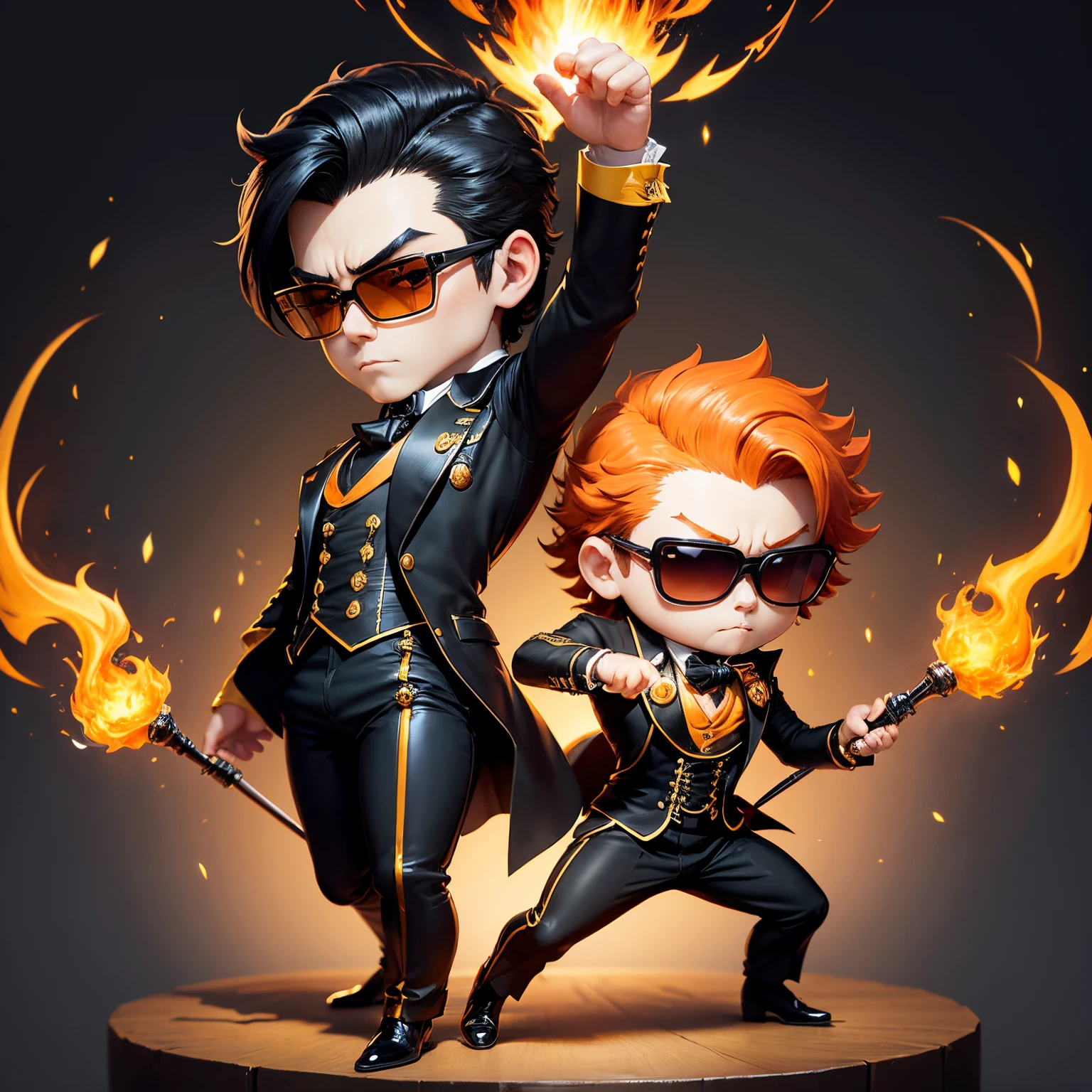 ​masterpiece、top-quality、ultra-detailliert、(Chibi character dandyism:1.2),Black sunglasses,Dark business suit,fighting poses,Magic where orange and yellow flames erupt from your hands...、Full-body standing figure、1 male chibi character