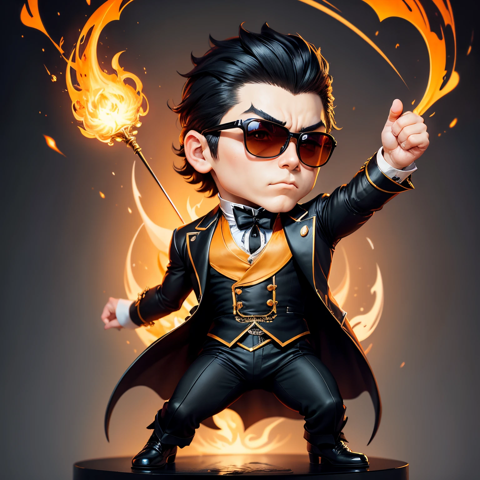 masterpiece、top-quality、ultra-detailliert、(Chibi character dandyism:1.2),Black sunglasses,Dark business suit,fighting poses,Magic where orange and yellow flames erupt from your hands...、Full-body standing figure、1 male chibi character
