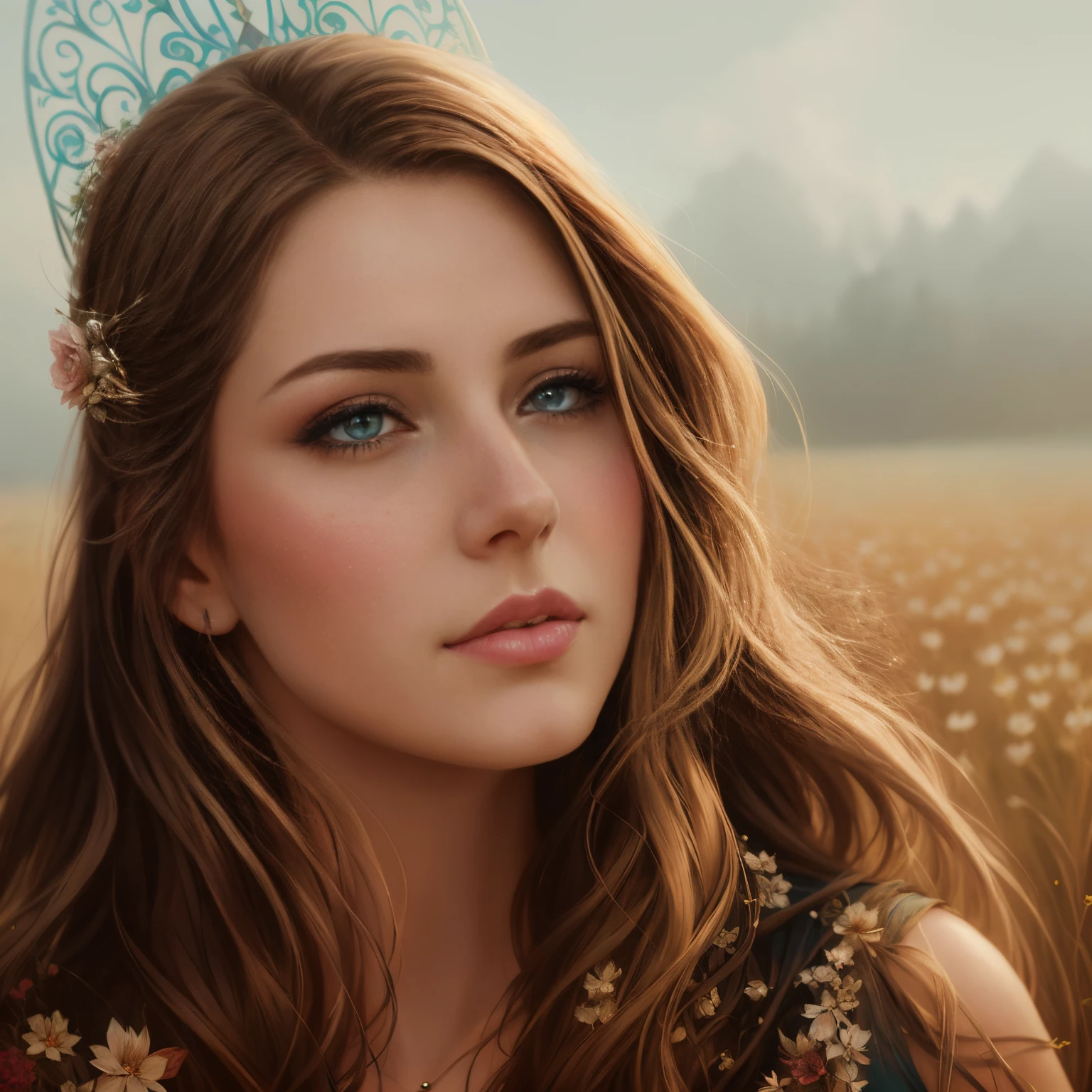 a beautiful fairy girl, extremely detailed eyes and face, long eyelashes, flowing hair, delicate features, elegant dress, ethereal and whimsical expression, glowing aura, forest background with flowers and butterflies, (best quality,4k,8k,highres,masterpiece:1.2),ultra-detailed,(realistic,photorealistic,photo-realistic:1.37),fantasy,intricate details,vibrant colors,dramatic lighting