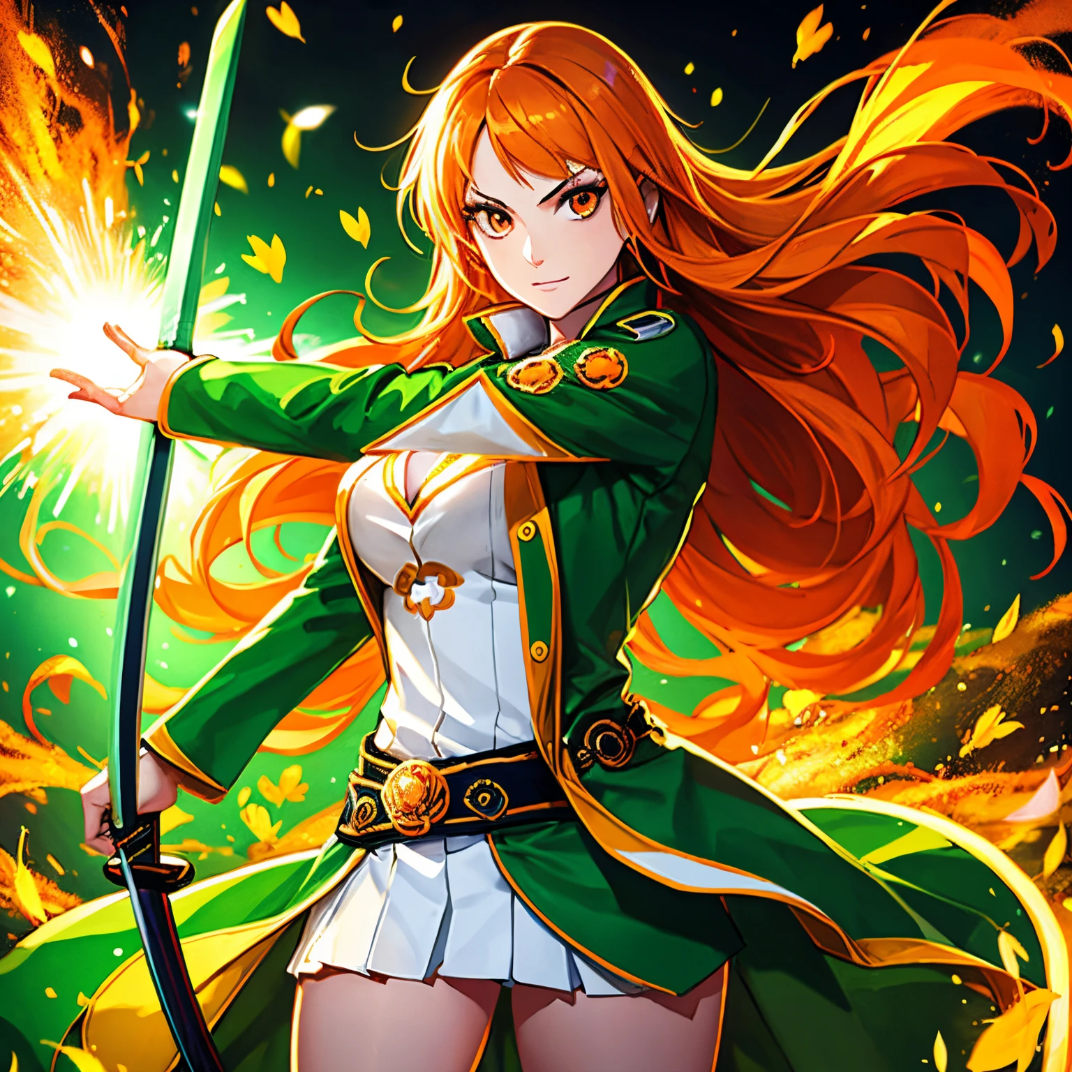 Tall beautiful woman, sparking orange hair, long hair, dressed in a green coat, and uniform radiating a positive energy, beautiful orange eyes, holding a sword katana, clover design on outfit