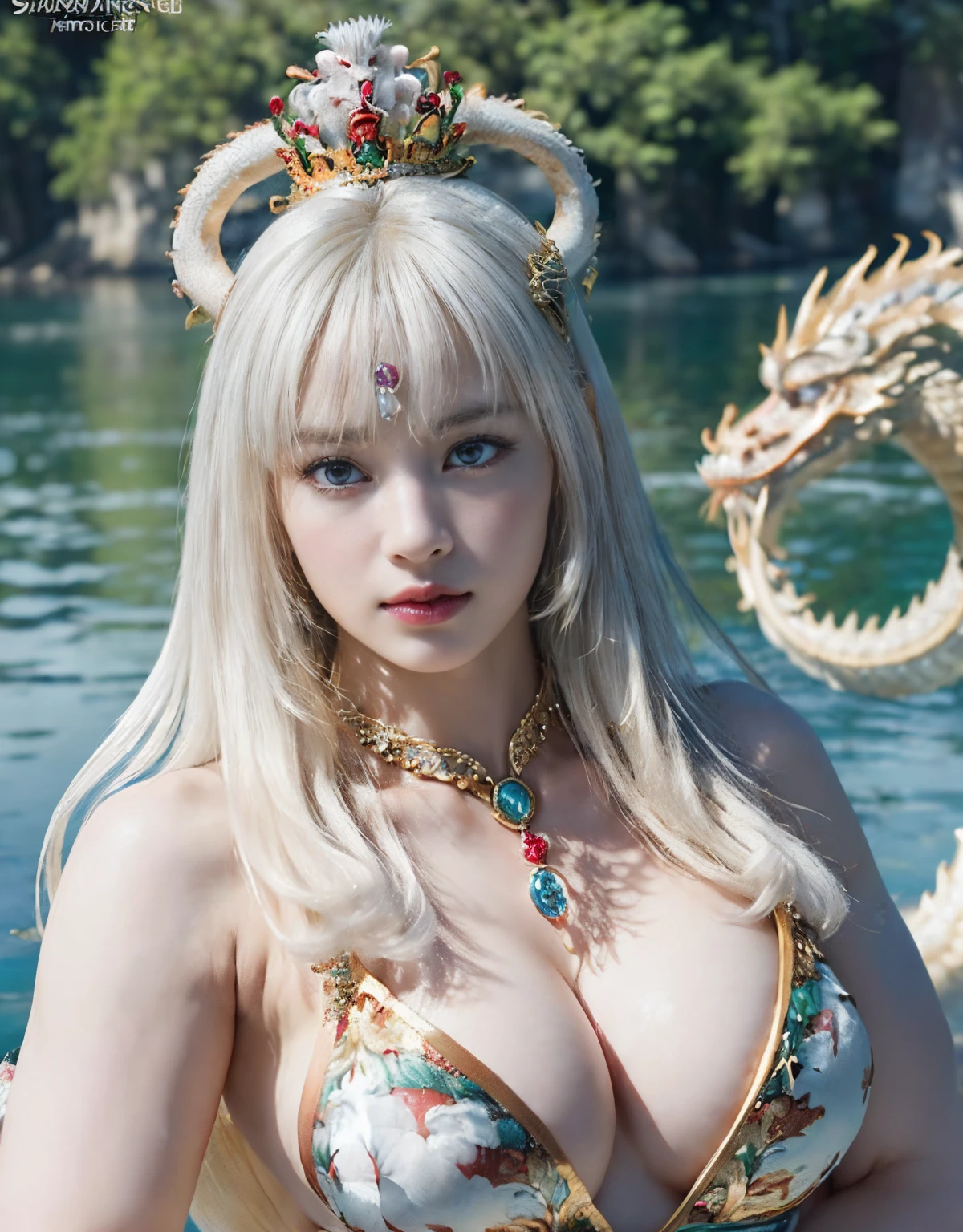 (intense chest expression）,top-quality、​masterpiece、超A high resolution、（Gold Dragon Armor）、(((Colossal tits)))、(((large floral ornament on the head))),(((Detailed Micro Bikini))),(Wearing a beautiful crown made of jewels),(Photorealsitic:1.4)、Raw photo、女の子1人、(((Random hair))、(((Take different poses)))、glowy skin、(((White Chinese Dragon)))、Intricate and ornate hair ornaments、（Looks like a gorgeous jewelry necklace）、（Full Body Angle）、（fight big dragonet bikini）、((beautiful lake background)),(beautiful forest background)、Precipitous cliffs、(Castle background)、((super realistic details))、portlate、globalillumination、（sexypose）、Shadow、octan render、8K、ultrasharp、Colossal tits、Raw skin exposed in the cleavage、metals、Details of complex ornaments、Japan details、highly intricate detail、Blue eyes、Eyes shining towards the camera、Toostock、（Full Body Angle）、（veils）、(((Heavy Big))),((she is wearing a beautiful jeweled bangle.)),