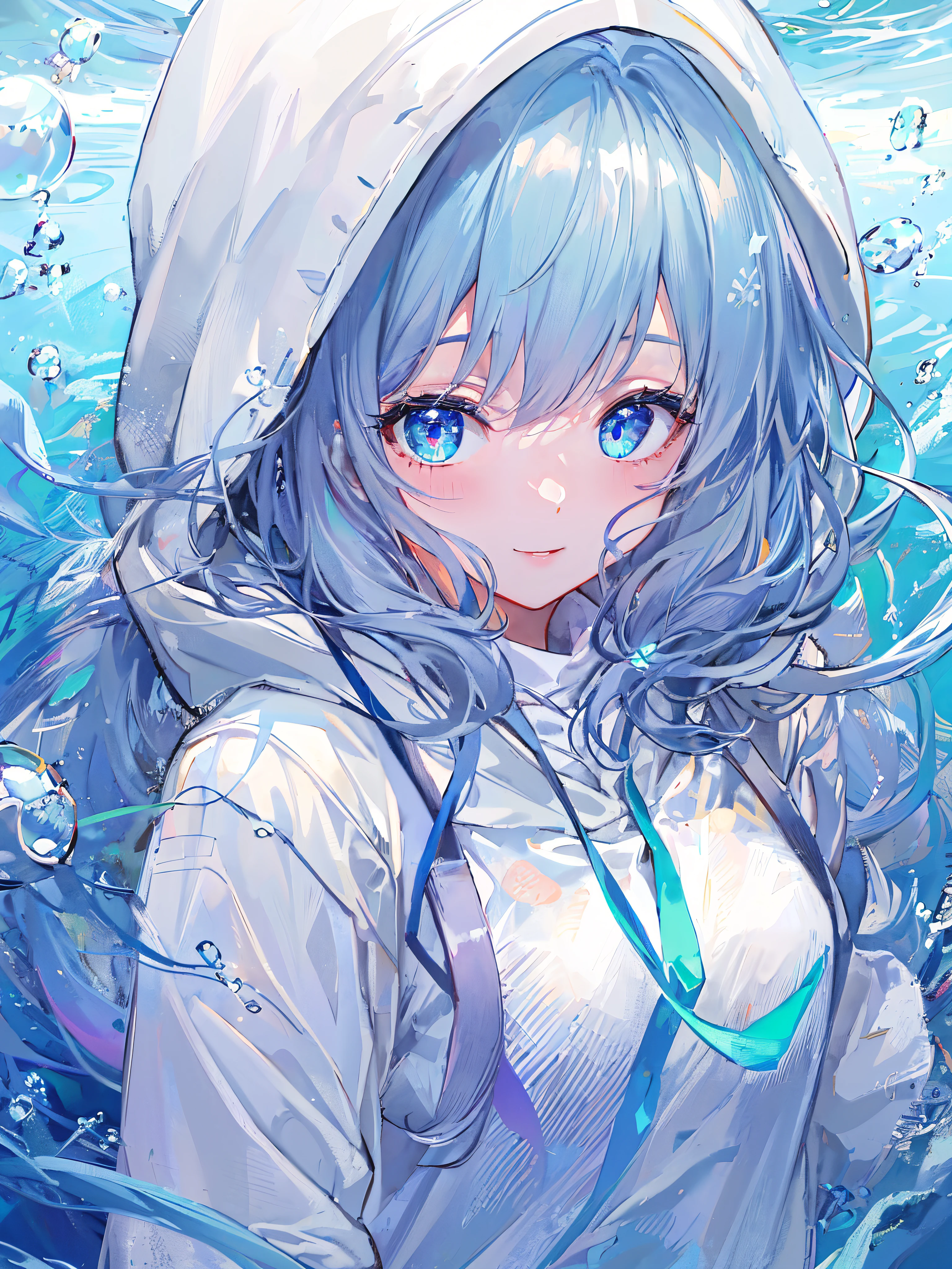 ((top-quality)), ((​masterpiece)), ((ultra-detailliert)), (Extremely delicate and beautiful), girl with, 独奏, cold attitude,((White hoodie)),She is very(relax)with  the(Settled down)Looks,depth of fields,Evil smile,Bubble, under the water, Air bubble,Underwater world bright light blue eyes,inner color with bright gray hair and light blue tips,,,,,,,,,,,,,,,,,,,,,,,,,Cold background,Bob Hair - Linear Art, shortpants、knee high socks、White uniform like school uniform、Light blue ribbon ties、Clothes are sheer、The hand in my right pocket is like a sapphire,Fronllesse Blue, A small blue light was floating、fantastic eyes、selfy,Self-shot、Bangs fall on the eyes, give a sexy impression.
