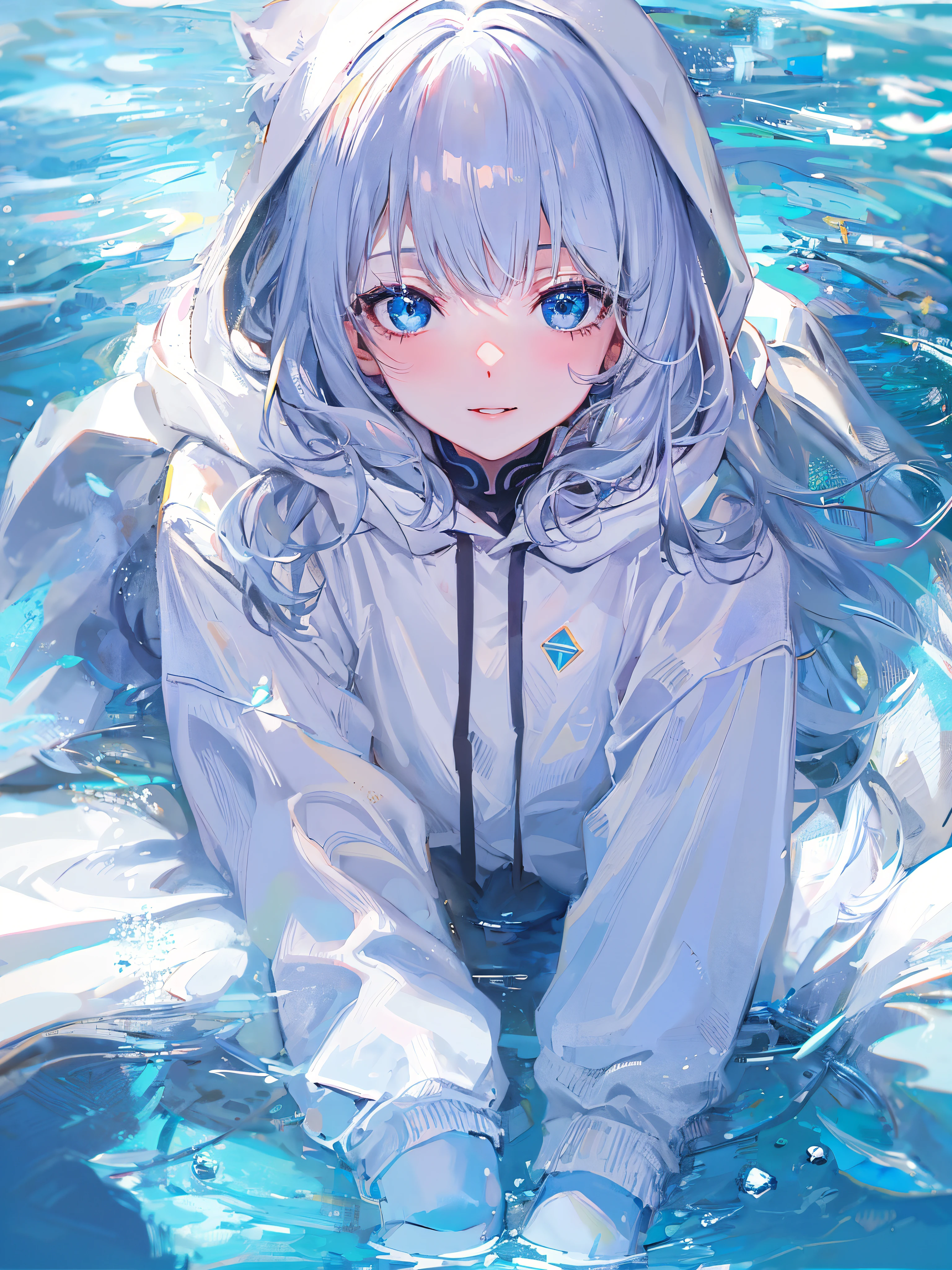 ((top-quality)), ((​masterpiece)), ((ultra-detailliert)), (Extremely delicate and beautiful), girl with, 独奏, cold attitude,((White hoodie)),She is very(relax)with  the(Settled down)Looks,depth of fields,Evil smile,Bubble, under the water, Air bubble,Underwater world bright light blue eyes,inner color with bright gray hair and light blue tips,,,,,,,,,,,,,,,,,,,,,,,Cold background,Bob Hair - Linear Art, shortpants、knee high socks、White uniform like school uniform、Light blue ribbon ties、Clothes are sheer、The hand in my right pocket is like a sapphire,Fronllesse Blue, A small blue light was floating、fantastic eyes、selfy,Self-shot