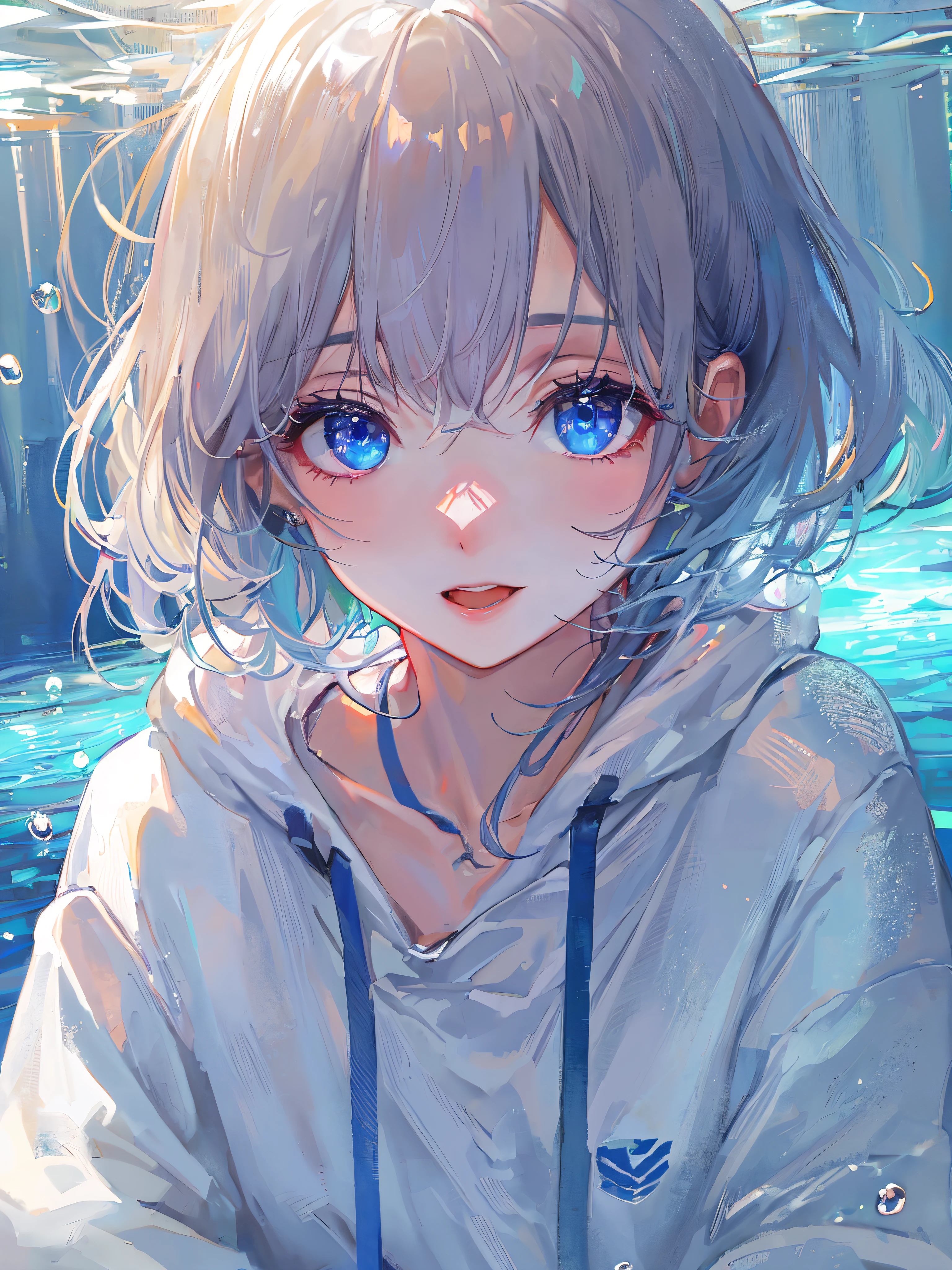 ((top-quality)), ((​masterpiece)), ((ultra-detailliert)), (Extremely delicate and beautiful), girl with, report, cold attitude,((White hoodie)),She is very(relax)with  the(Settled down)Looks,depth of fields,Evil smile,Bubble, under the water, Air bubble,Underwater world bright light blue eyes,inner color with bright gray hair and light blue tips,,,,,,,,,,,,,,,,,,,,,,,,,Cold background,Bob Hair - Linear Art, shortpants、knee high socks、White uniform like school uniform、Light blue ribbon ties、Clothes are sheer、The hand in my right pocket is like a sapphire,Fronllesse Blue, A small blue light was floating、fantastic eyes、selfy,Self-shot、Bangs fall on the eyes, give a sexy impression.