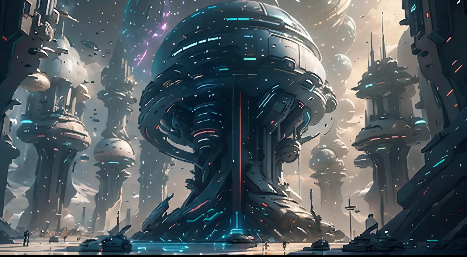 Futuristic city with circular structures and circular staircases, Detailed matte painting inspired by Marek Okon, cgsociety contest winner, number art, Spaceport of the future, Future space station, scifi space station, russian orbit city cityscape, arstation and beeple height, Star Citizen Concept Art, In a sci-fi shipping port, Bastien Grevi