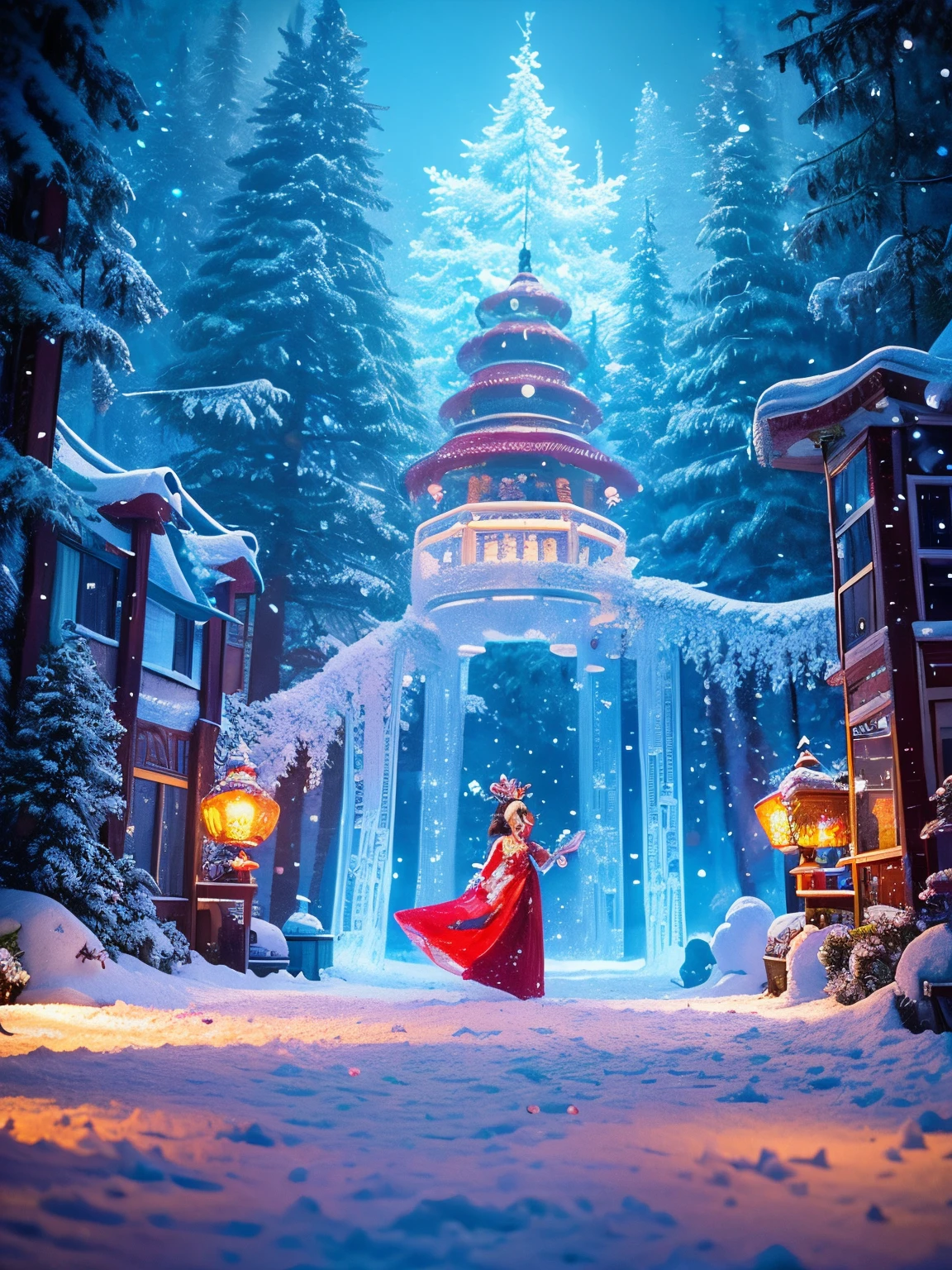 pixel game,scenography,China-style,Fairy scene in the and snow world,Red Muti Wonderland,levitating island beast, pixelart #pixelart
