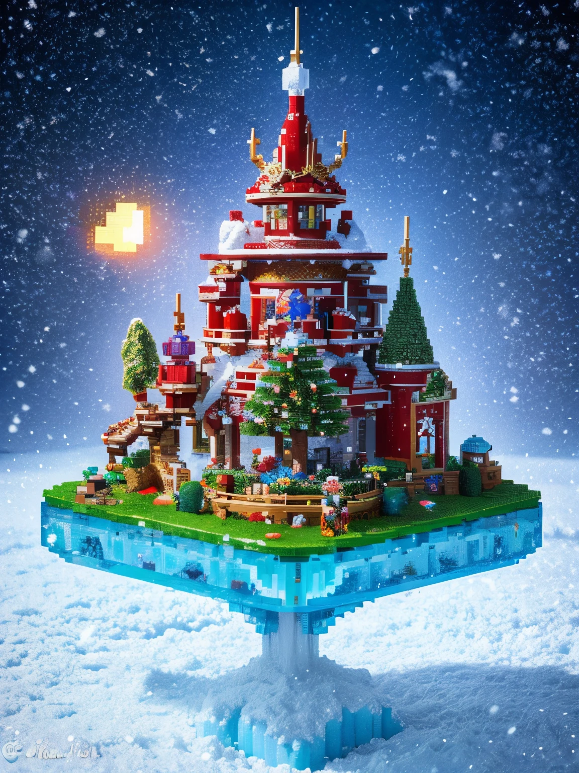 pixel game,scenography,China-style,Fairy scene in the and snow world,Red Muti Wonderland,levitating island beast, pixelart #pixelart