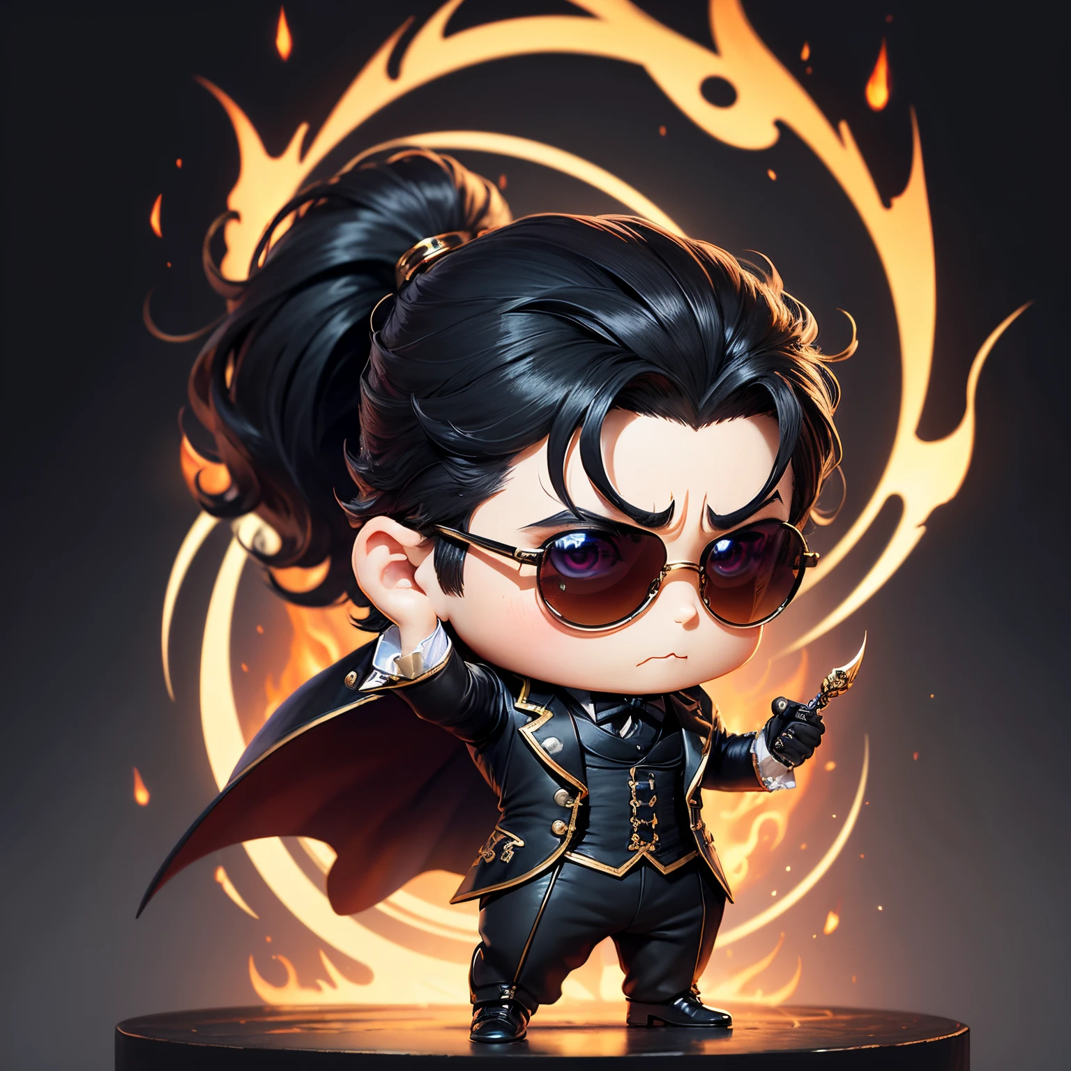 masterpiece、top-quality、ultra-detailliert、(chibi character dandyism:1.2),Black sunglasses,Dark Business Suit,fighting poses,Magic where flames fly out of your hands and create swirls...、Full-body standing figure、1 male chibi character