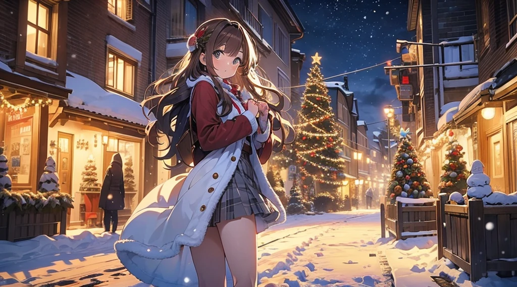 (masterpiece), (best quality), girl standing outside in the snow, wavy brown hair, christmas outfit, santa claus outfit, sexy, perfect body, christmas lights, night