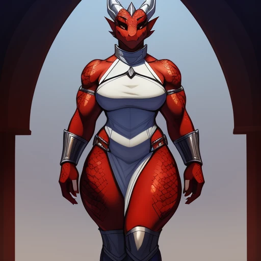 Tall_chubby_muscular_dragon female red_scaled_body spotted_scales yellow_irises black_sclera slit_pupils silver_gorget silver_bracers silver_greaves solo Masterpiece best_quality absurdres highly_detailed cleanly_drawn_eyes anthro_only by_claweddrip, by_greasymojo, by_underscore-b, by_runawaystride